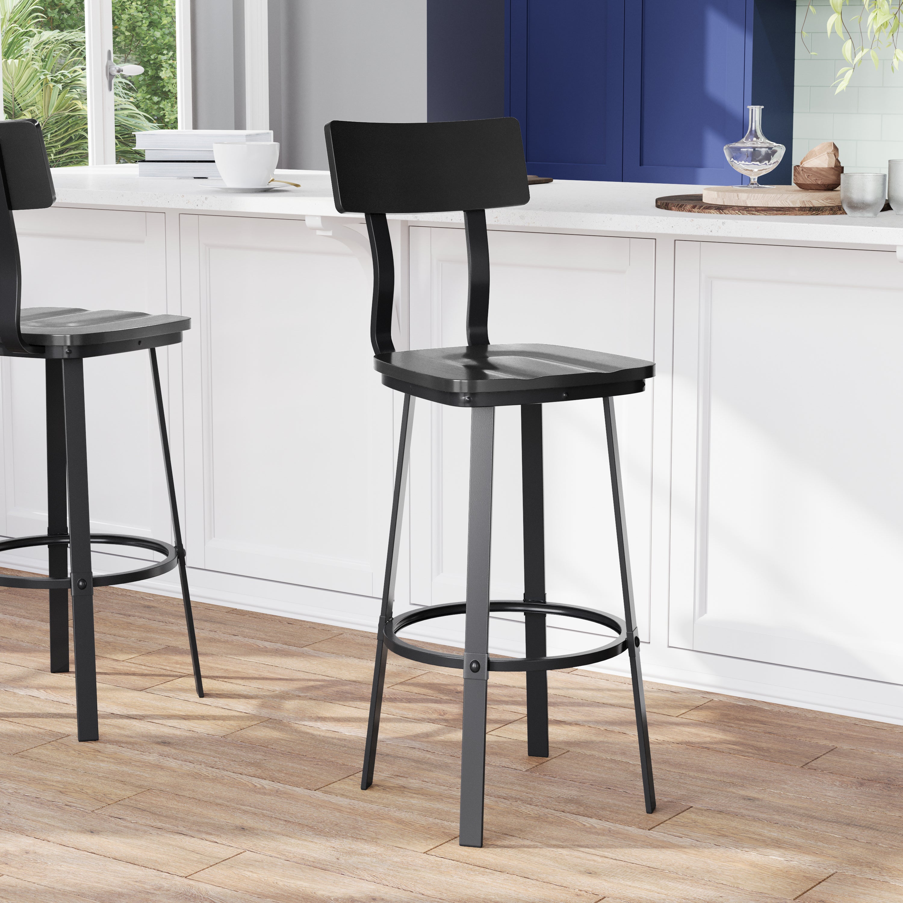 Flint Series Commercial Grade Black Restaurant Barstool with Wood Seat & Back and Black Powder Coat Frame