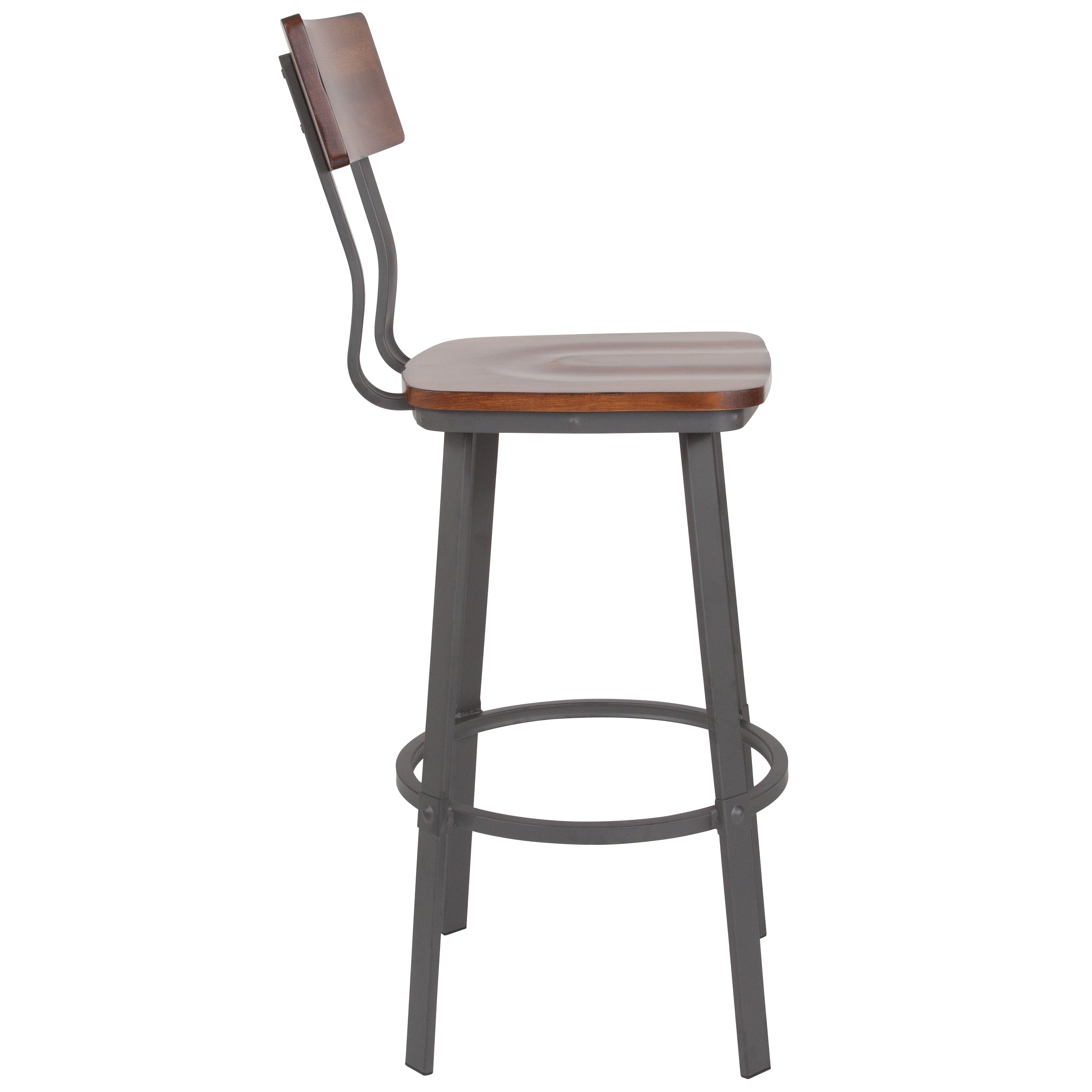 Flint Series Rustic Walnut Restaurant Barstool with Wood Seat & Back and Gray Powder Coat Frame