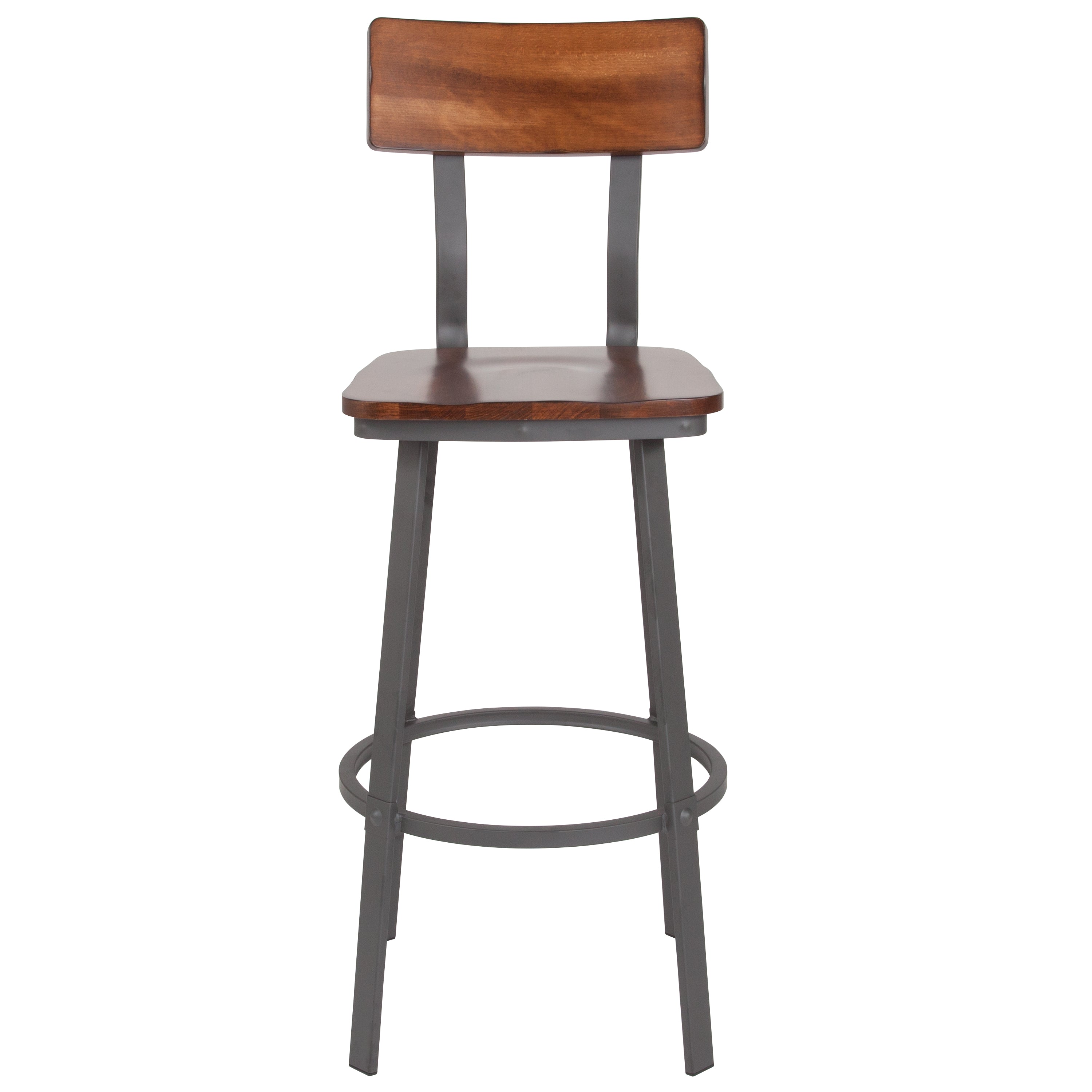 Flint Series Rustic Walnut Restaurant Barstool with Wood Seat & Back and Gray Powder Coat Frame