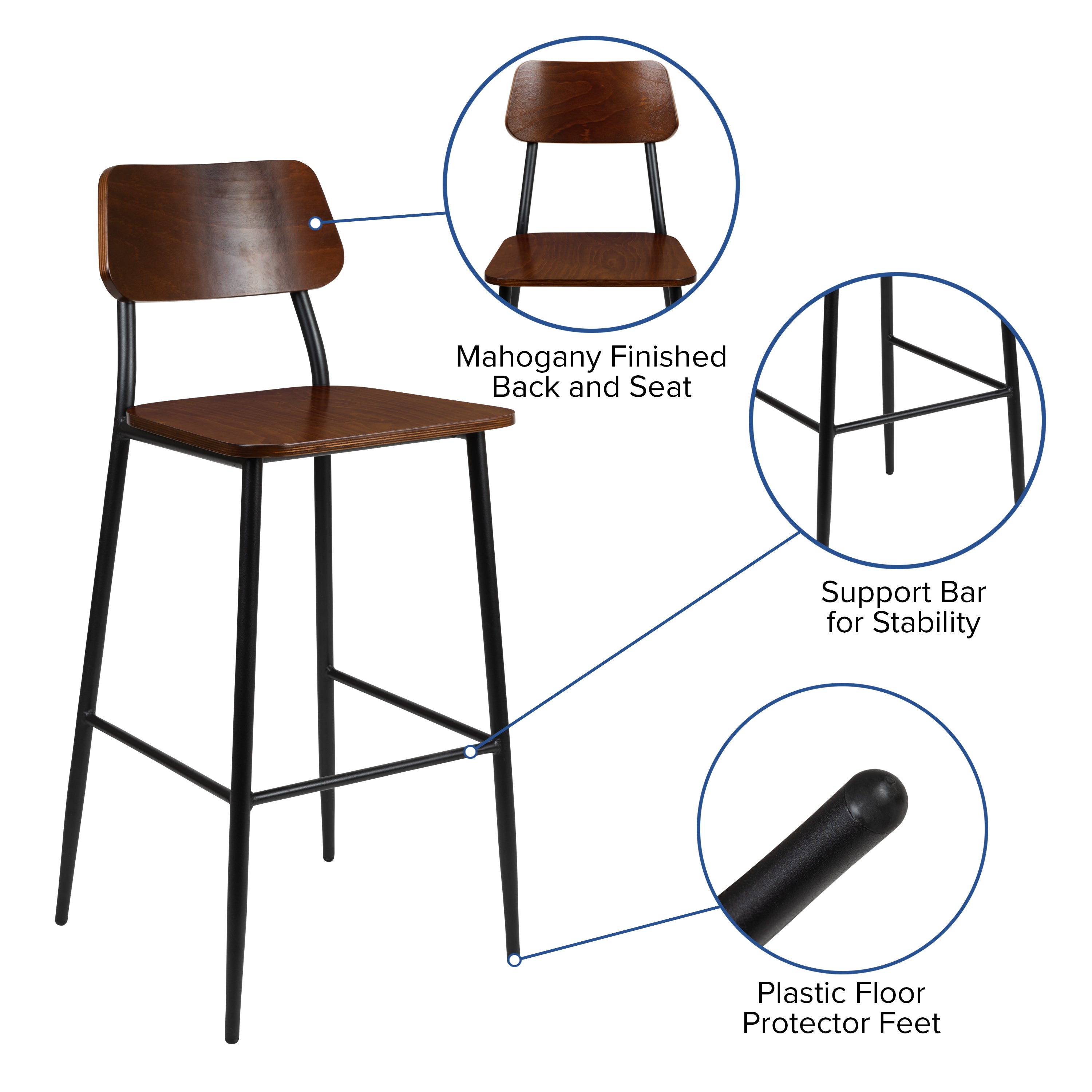 Lincoln Industrial Barstool with Gunmetal Steel Frame and Rustic Wood Seat