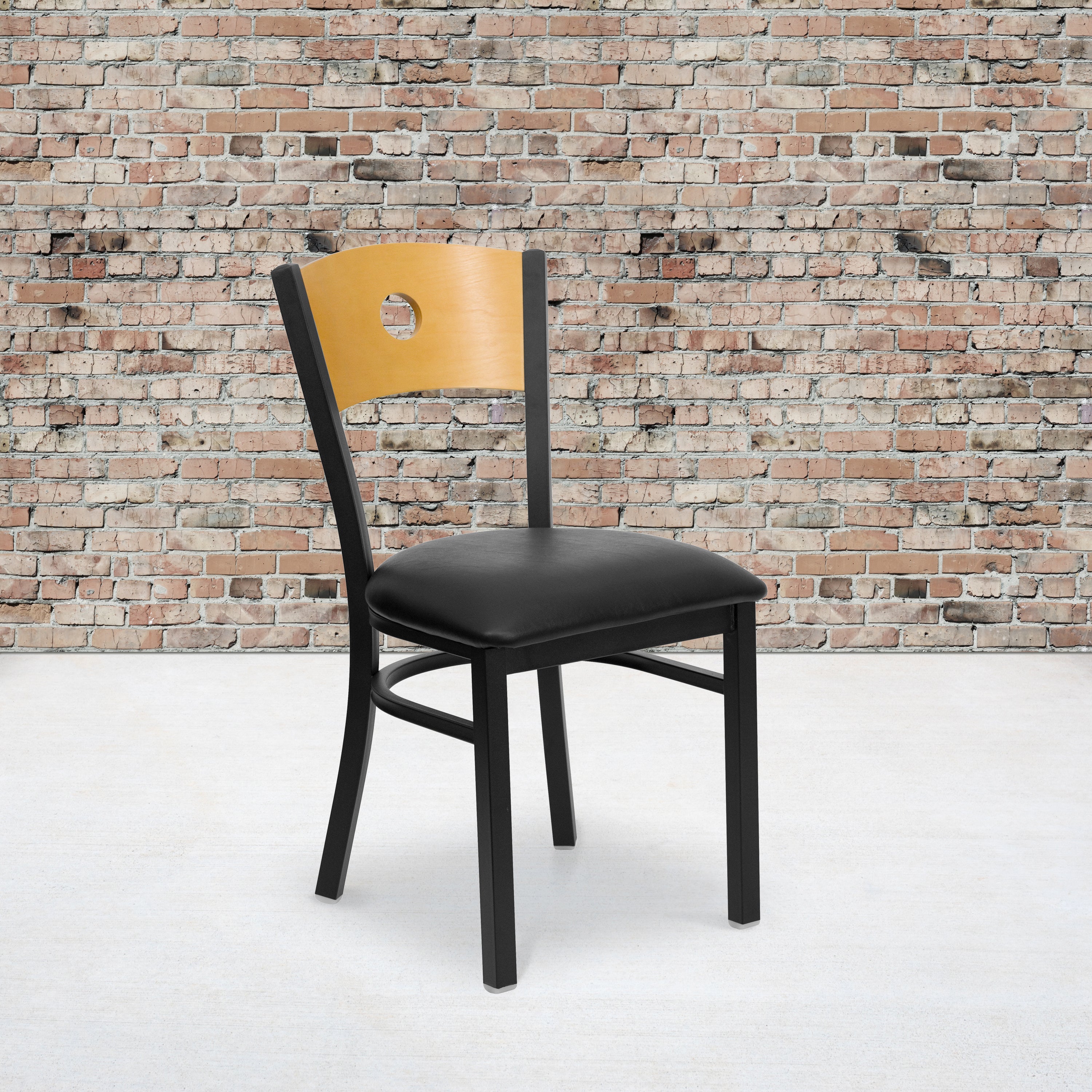 HERCULES Series Black Circle Back Metal Restaurant Chair - Natural Wood Back, Black Vinyl Seat