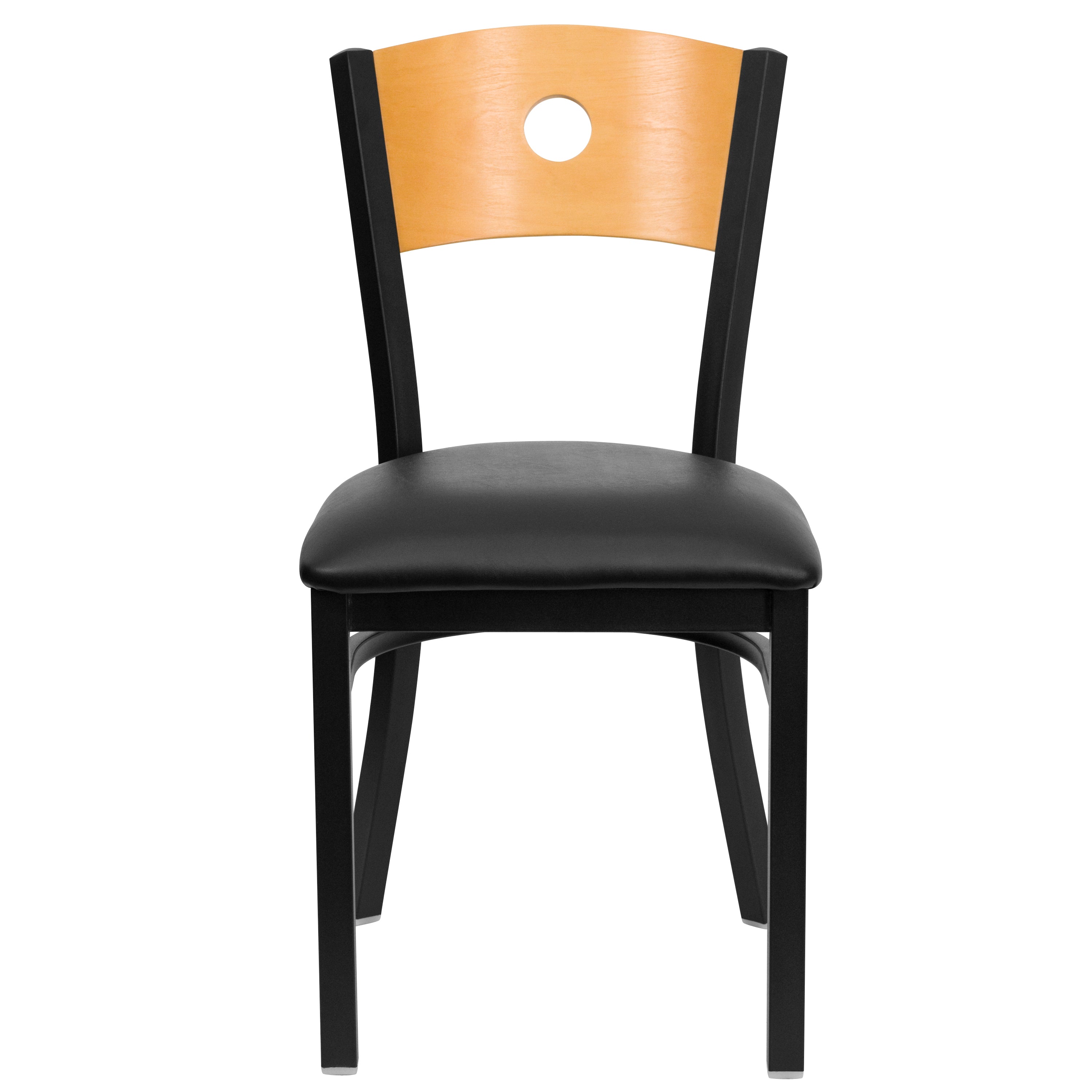 HERCULES Series Black Circle Back Metal Restaurant Chair - Natural Wood Back, Black Vinyl Seat