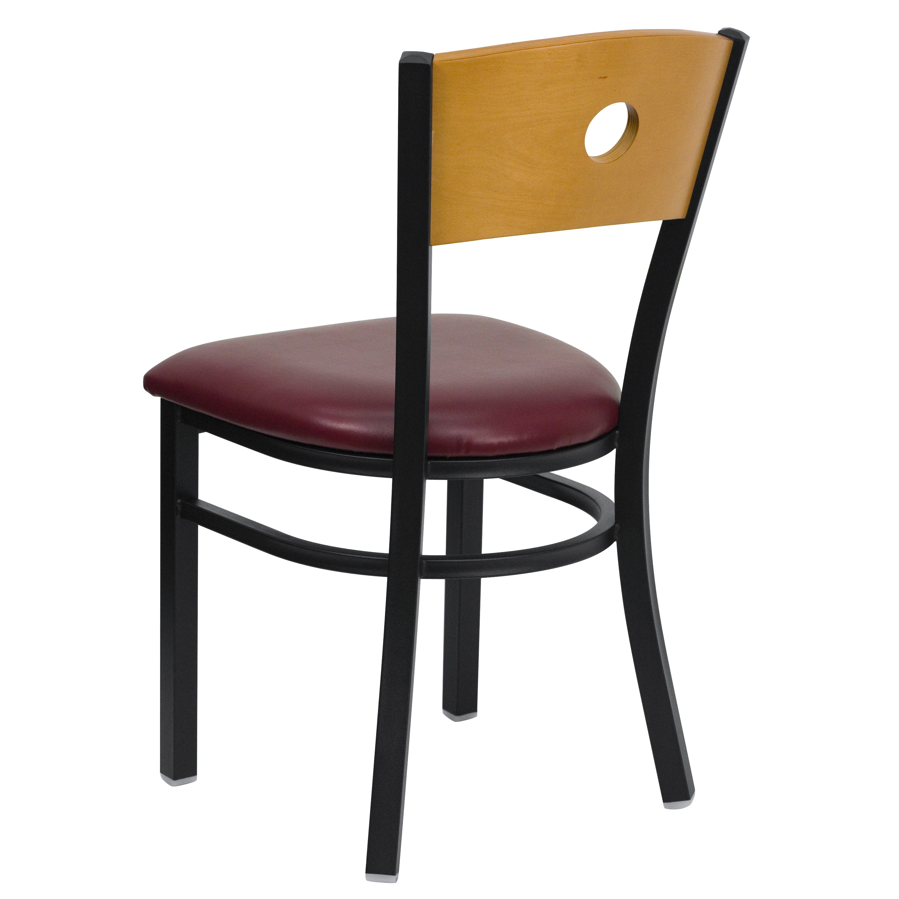 HERCULES Series Black Circle Back Metal Restaurant Chair - Natural Wood Back, Burgundy Vinyl Seat