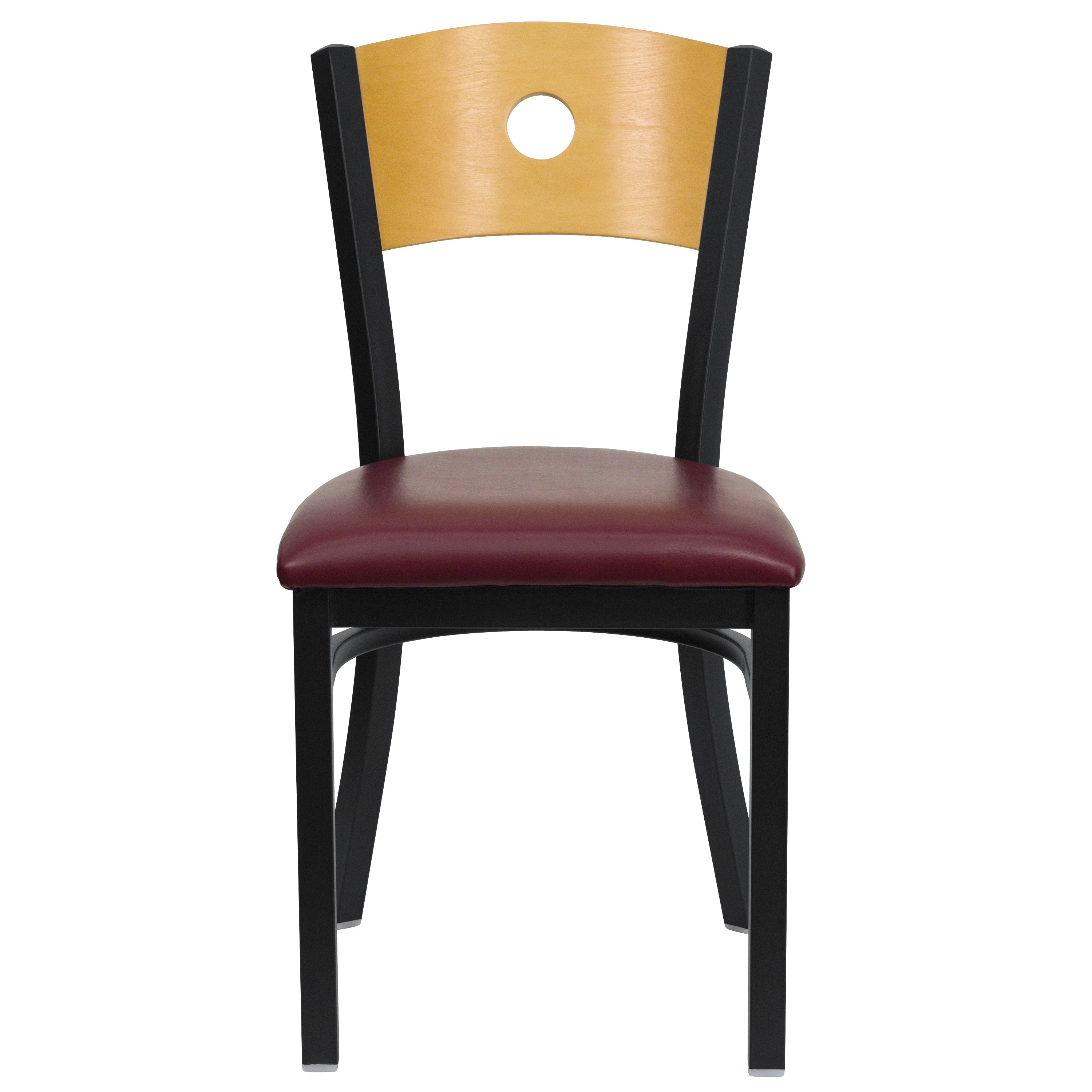 HERCULES Series Black Circle Back Metal Restaurant Chair - Natural Wood Back, Burgundy Vinyl Seat