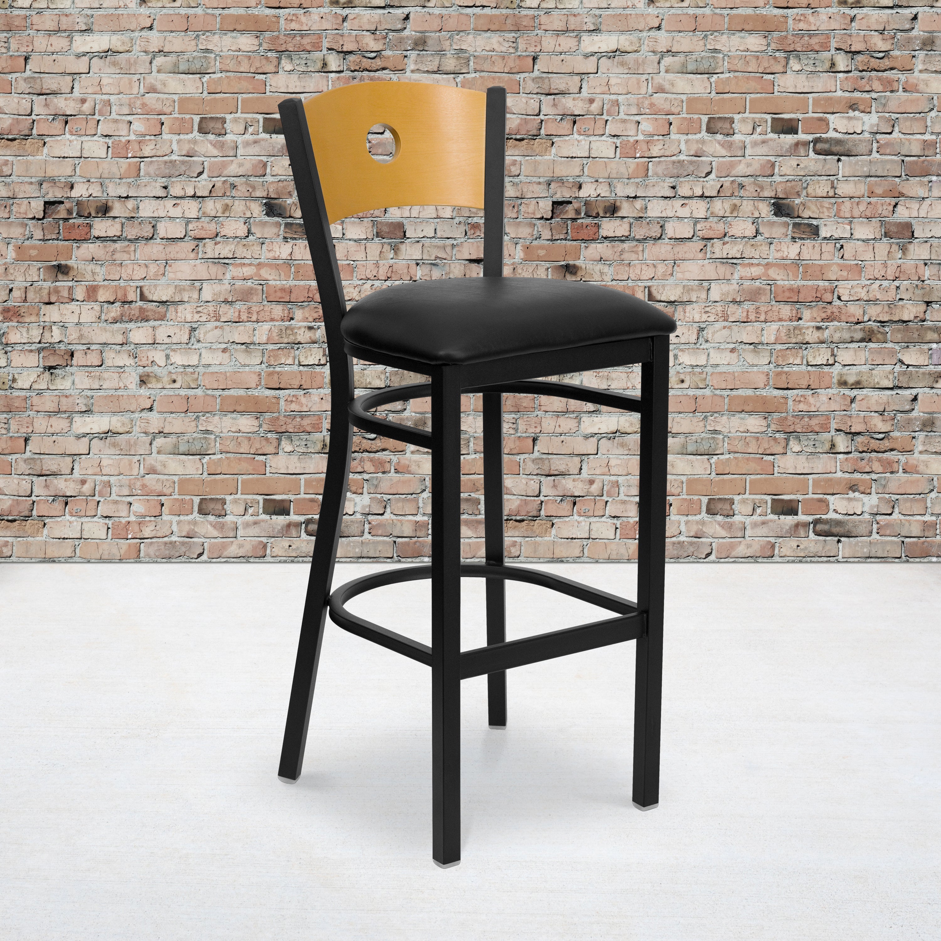HERCULES Series Black Circle Back Metal Restaurant Barstool - Natural Wood Back, Black Vinyl Seat