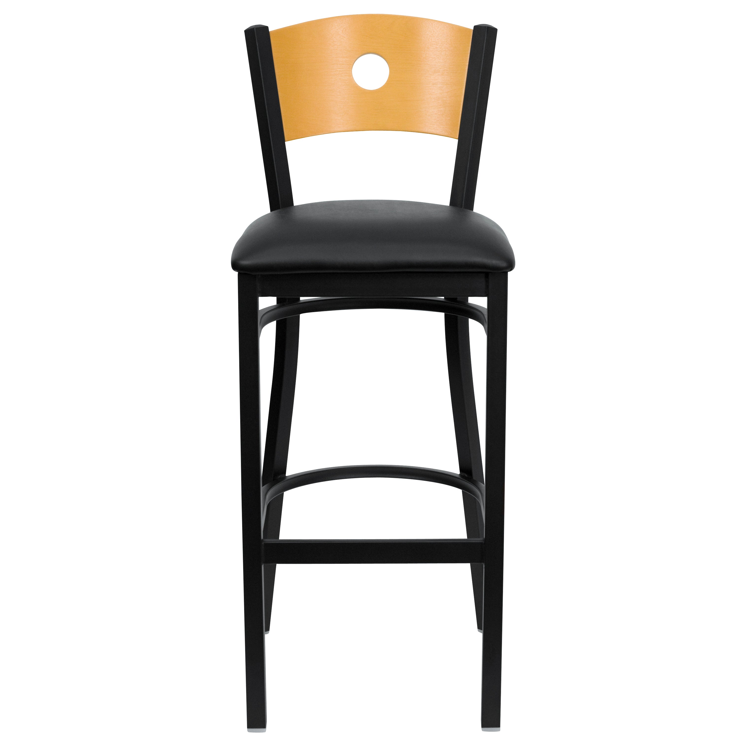 HERCULES Series Black Circle Back Metal Restaurant Barstool - Natural Wood Back, Black Vinyl Seat