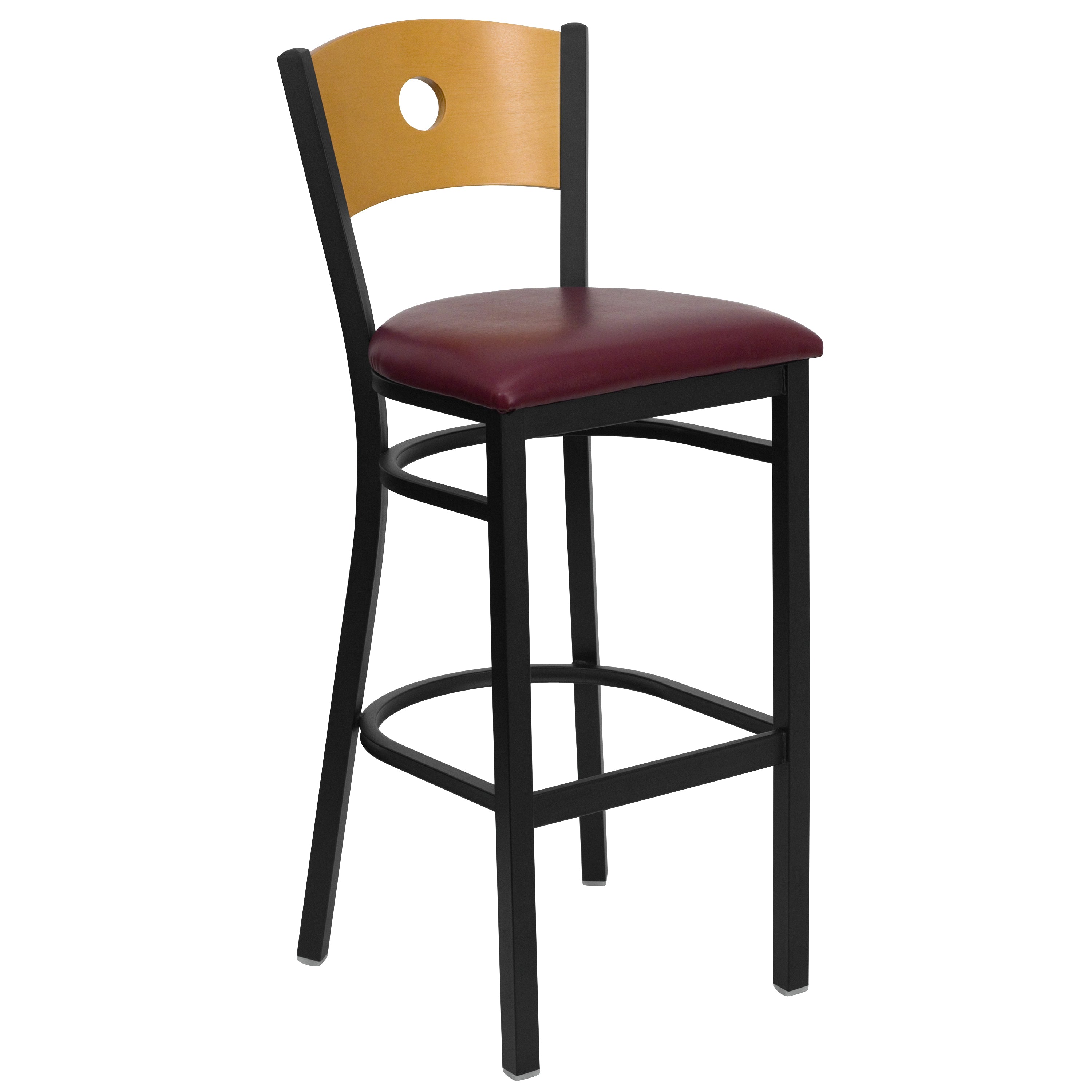 HERCULES Series Black Circle Back Metal Restaurant Barstool - Natural Wood Back, Burgundy Vinyl Seat