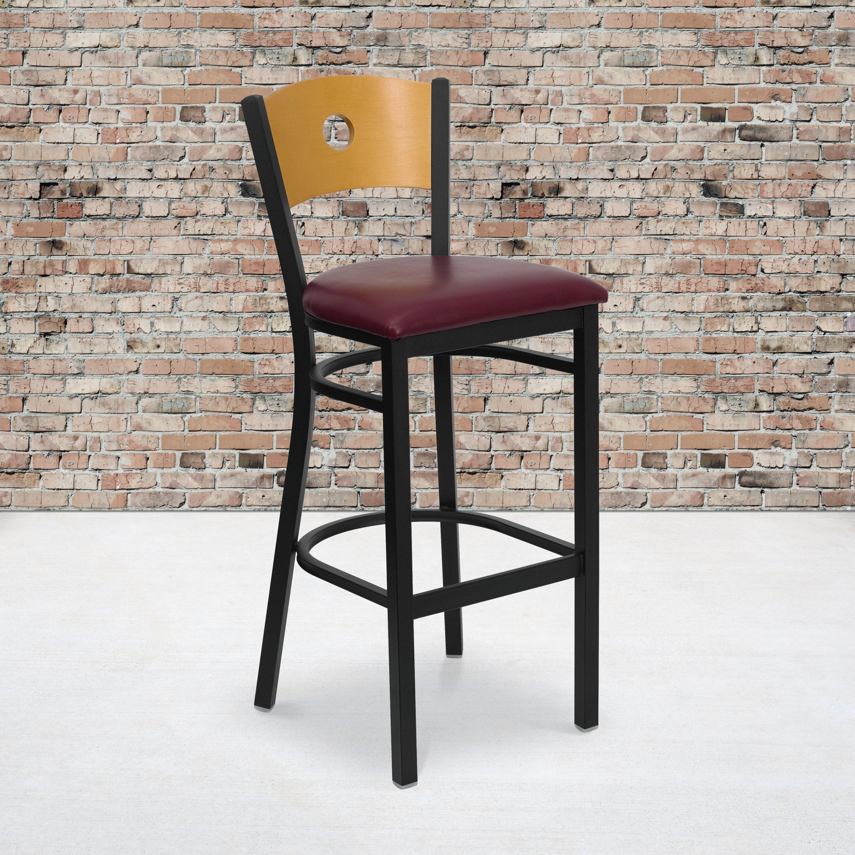 HERCULES Series Black Circle Back Metal Restaurant Barstool - Natural Wood Back, Burgundy Vinyl Seat