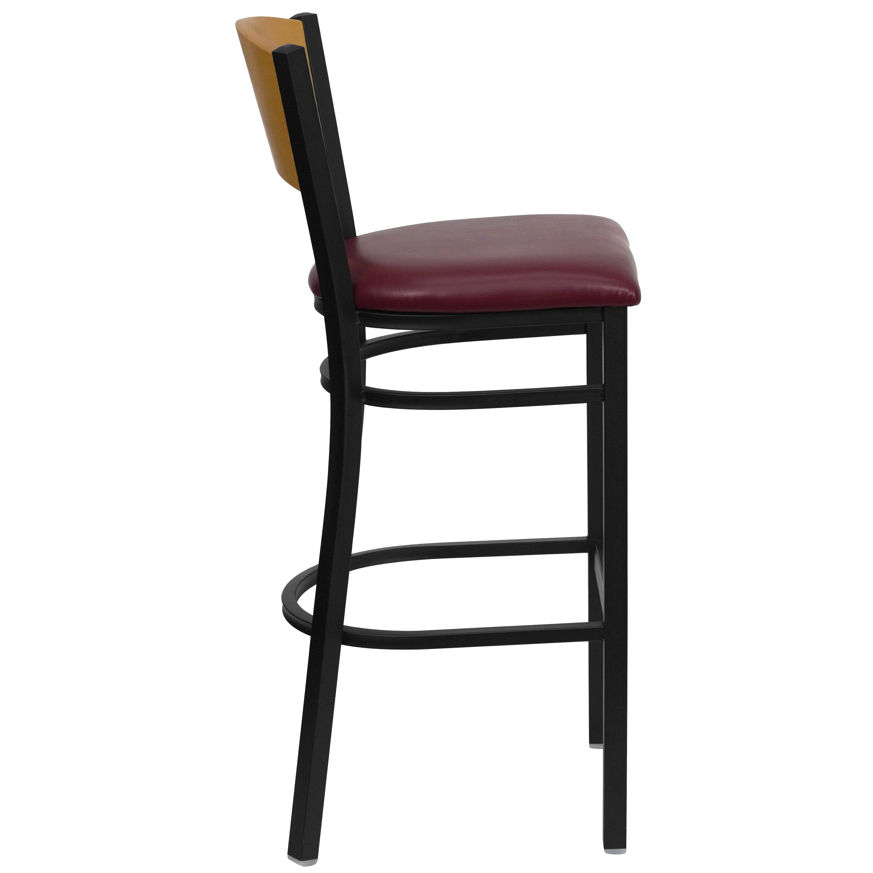 HERCULES Series Black Circle Back Metal Restaurant Barstool - Natural Wood Back, Burgundy Vinyl Seat