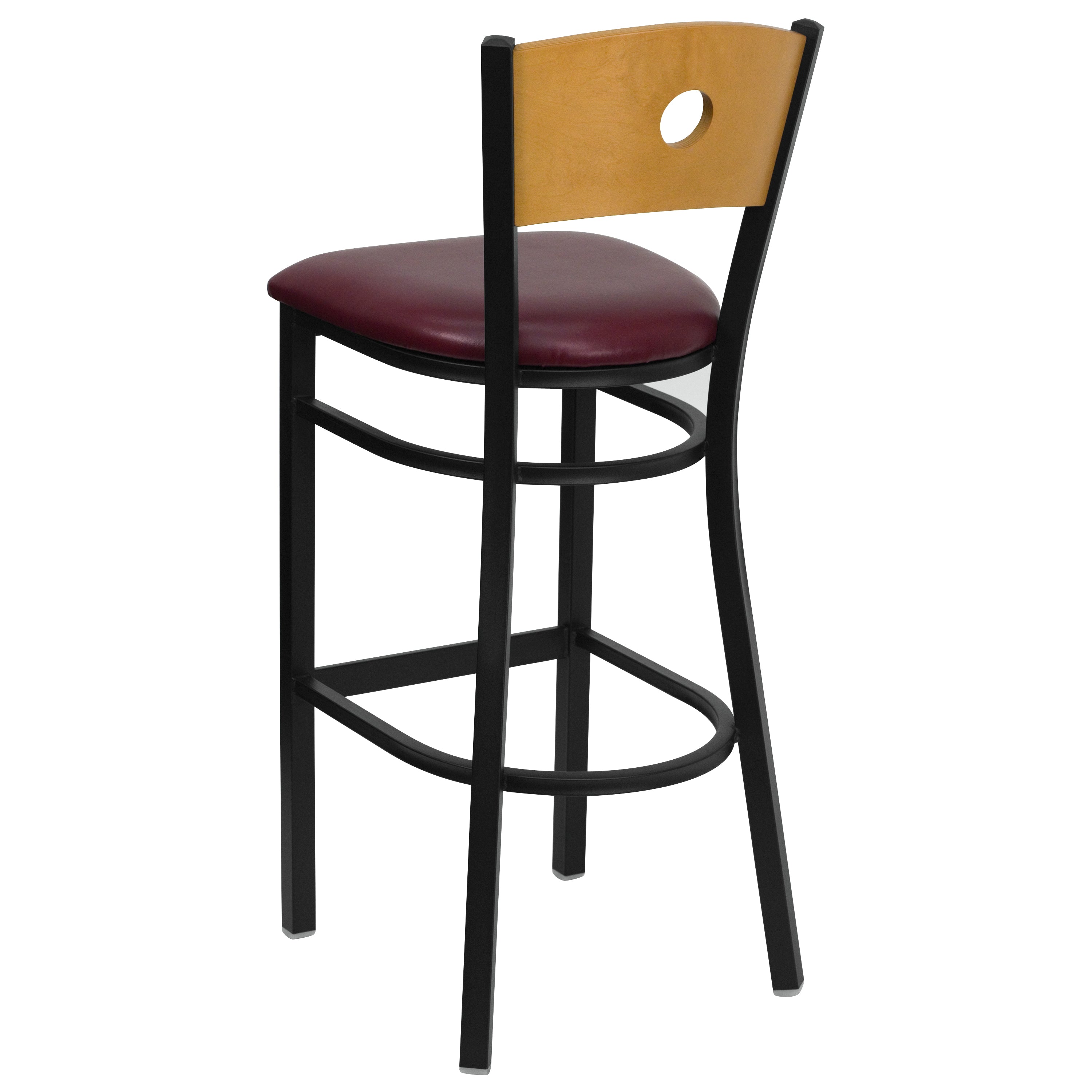 HERCULES Series Black Circle Back Metal Restaurant Barstool - Natural Wood Back, Burgundy Vinyl Seat