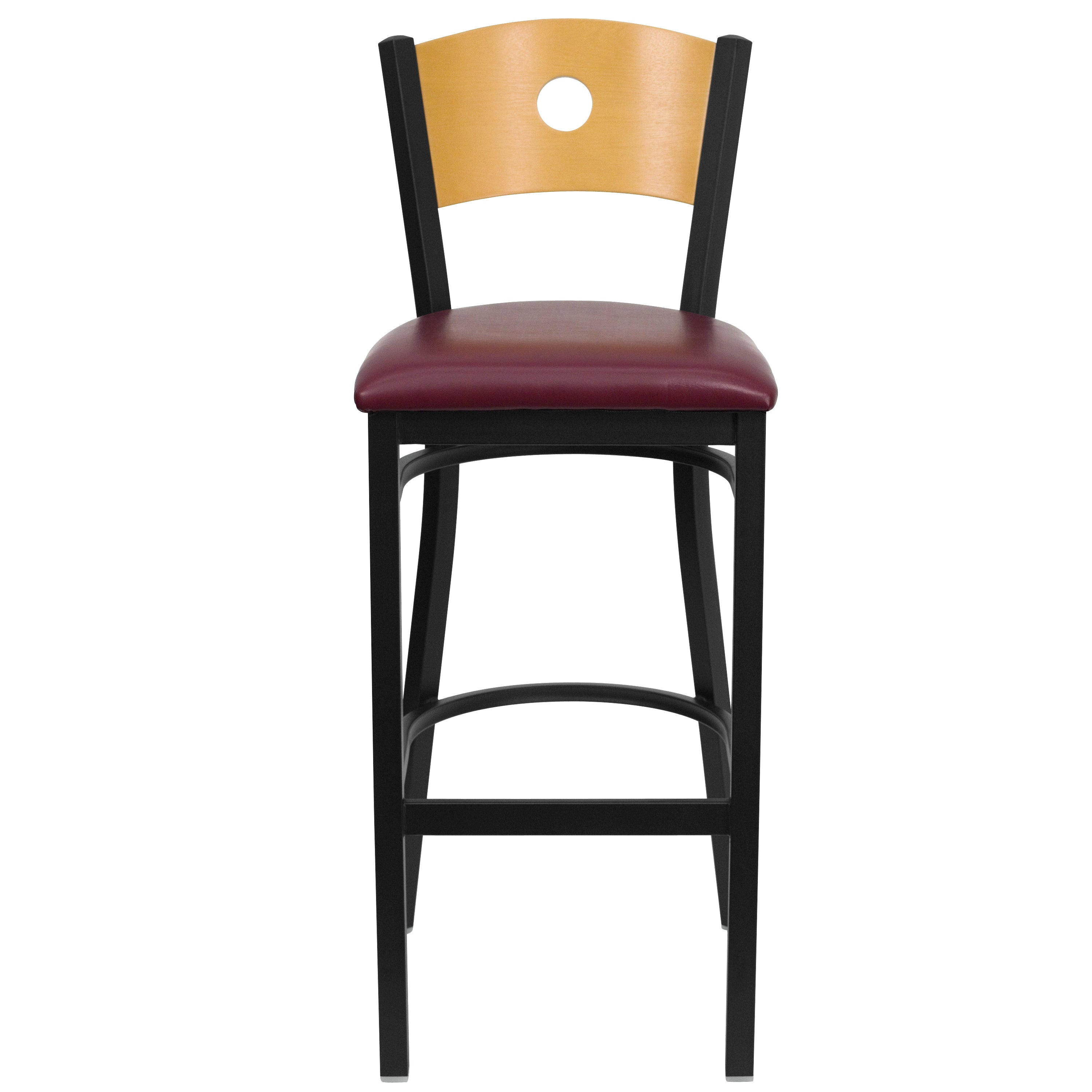 HERCULES Series Black Circle Back Metal Restaurant Barstool - Natural Wood Back, Burgundy Vinyl Seat