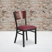 HERCULES Series Black Slat Back Metal Restaurant Chair - Mahogany Wood Back, Burgundy Vinyl Seat