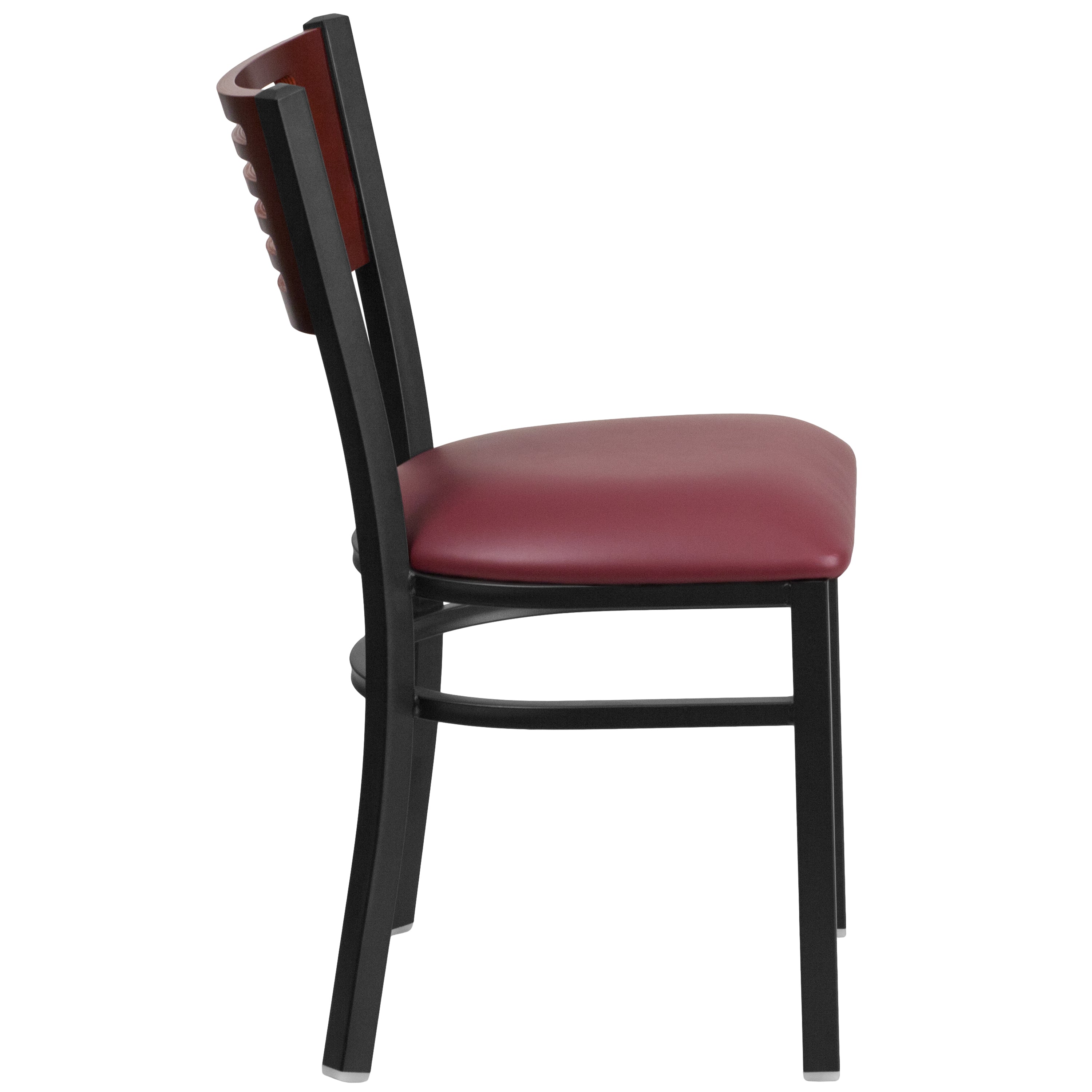HERCULES Series Black Slat Back Metal Restaurant Chair - Mahogany Wood Back, Burgundy Vinyl Seat