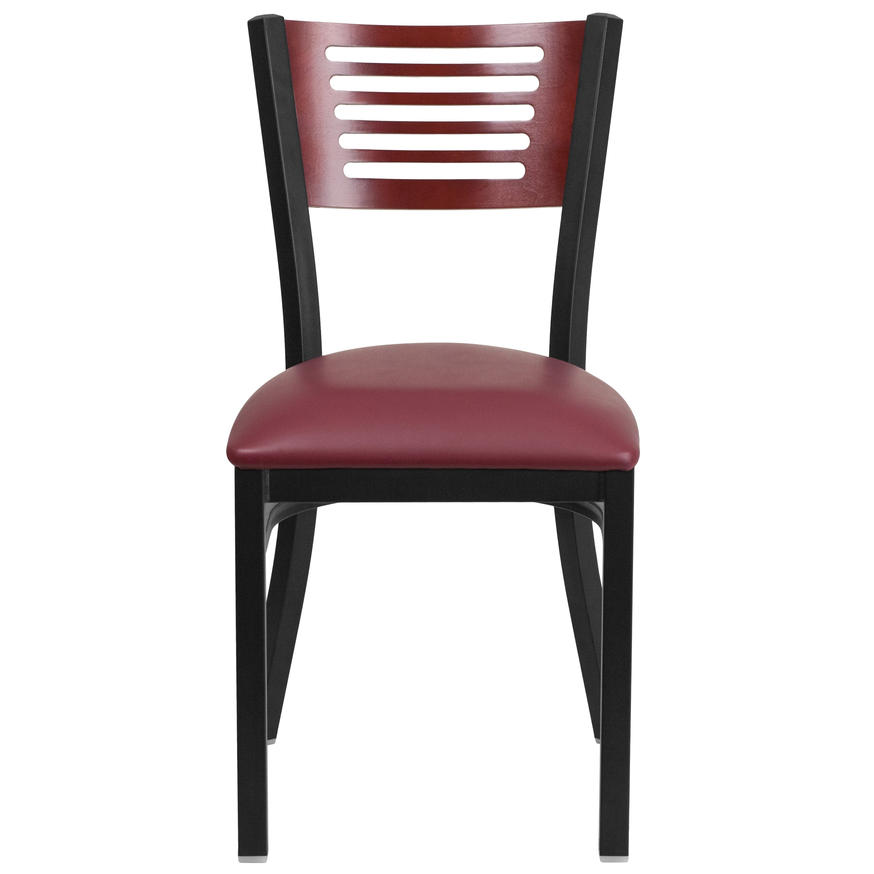 HERCULES Series Black Slat Back Metal Restaurant Chair - Mahogany Wood Back, Burgundy Vinyl Seat