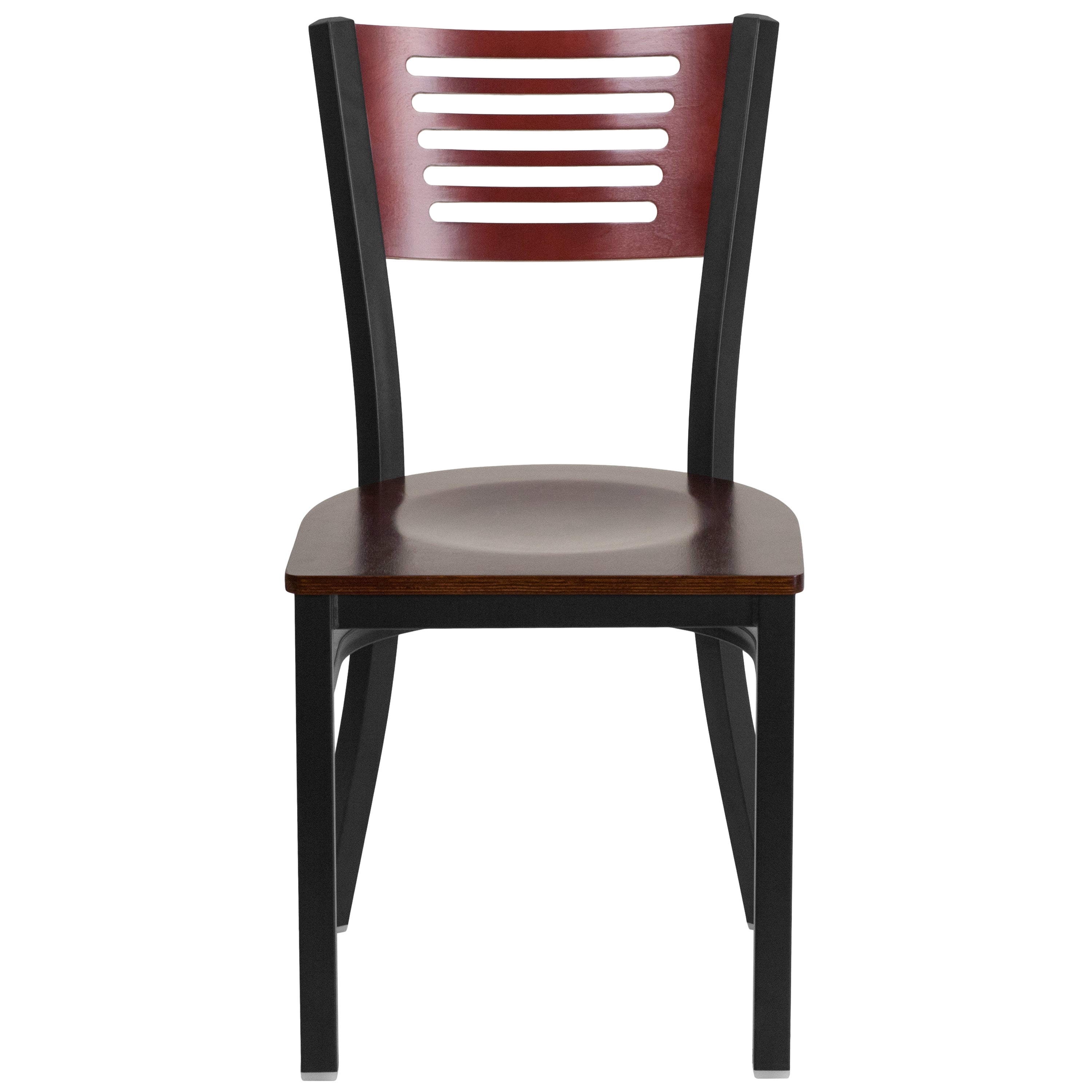 HERCULES Series Black Slat Back Metal Restaurant Chair - Mahogany Wood Back & Seat