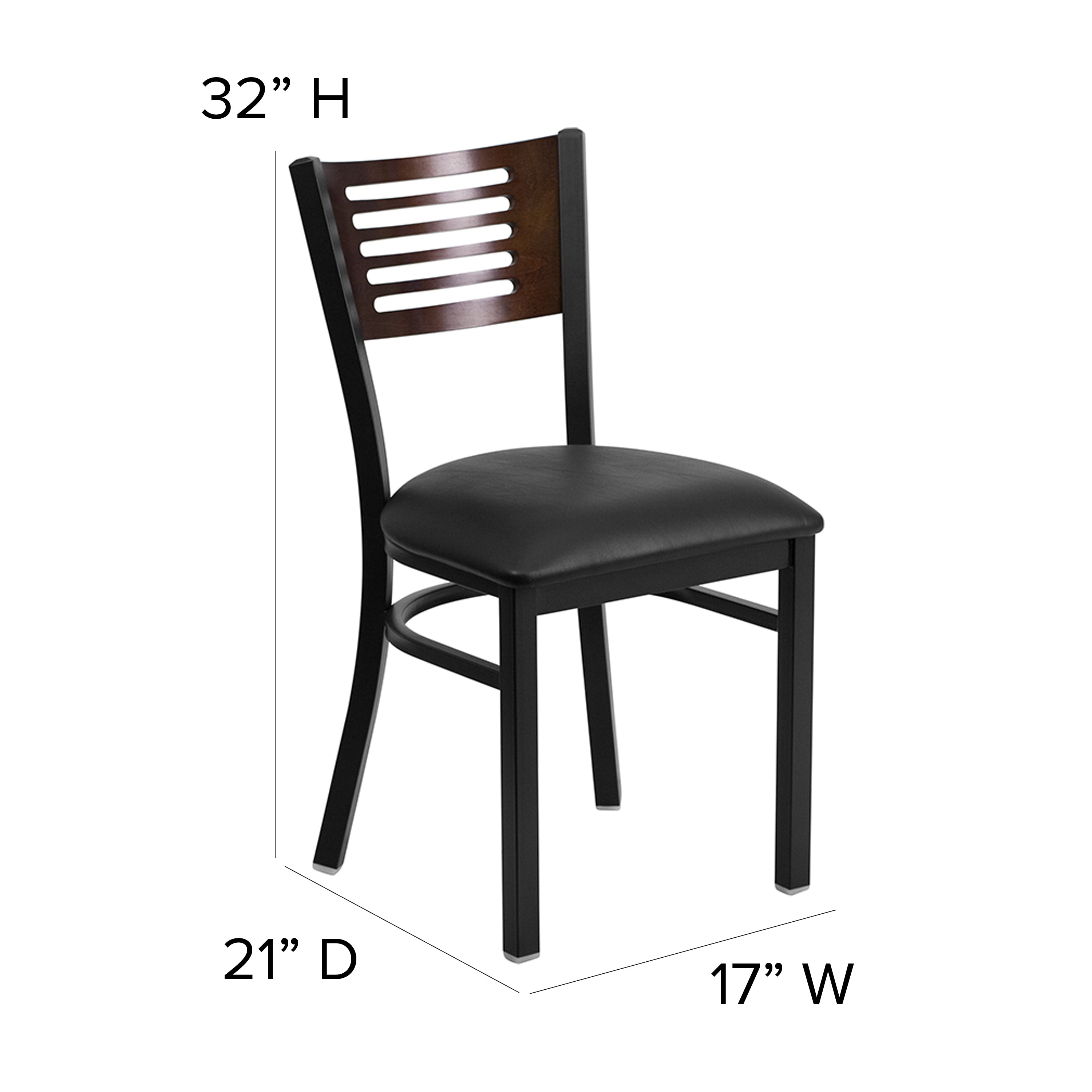 HERCULES Series Black Slat Back Metal Restaurant Chair - Walnut Wood Back, Black Vinyl Seat
