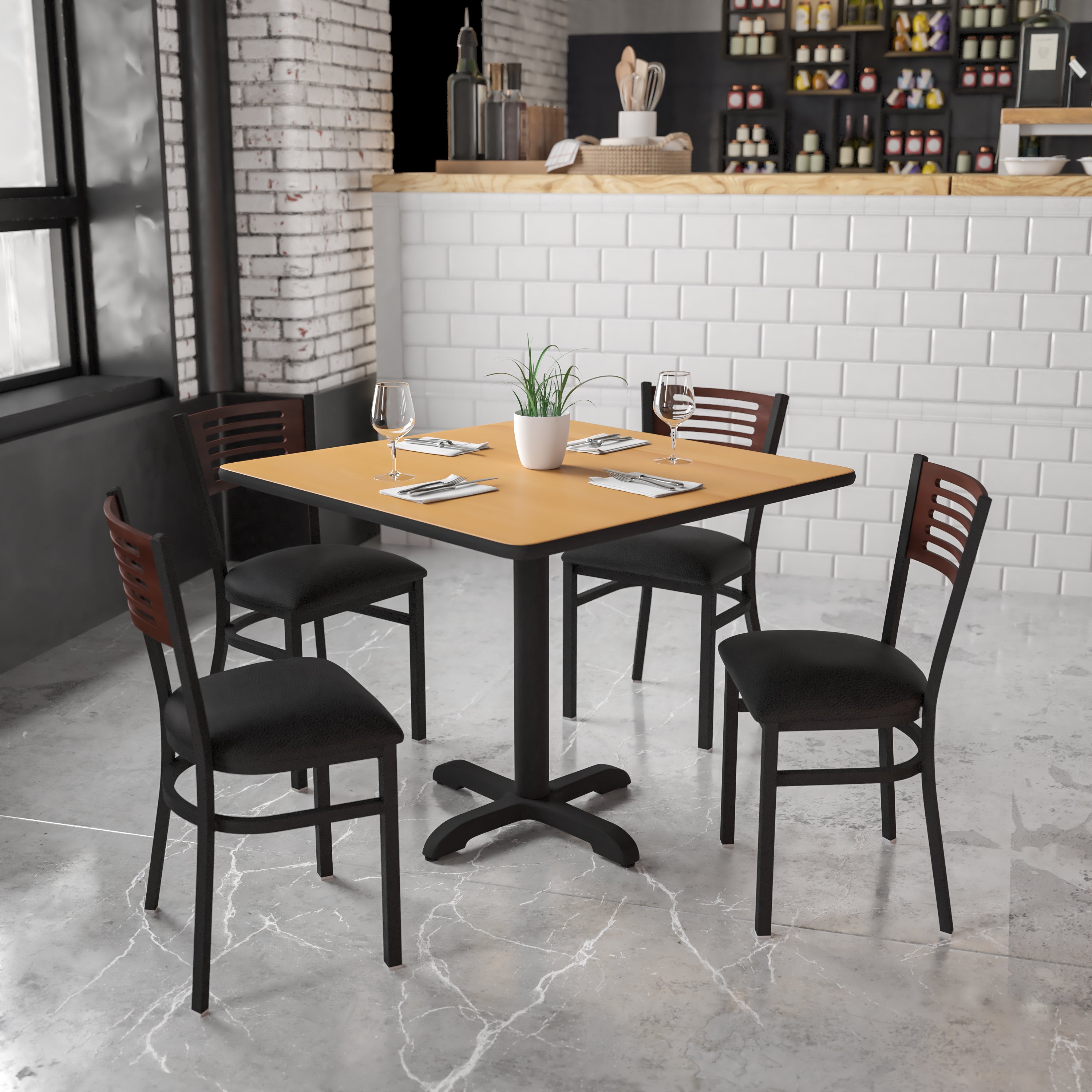 HERCULES Series Black Slat Back Metal Restaurant Chair - Walnut Wood Back, Black Vinyl Seat