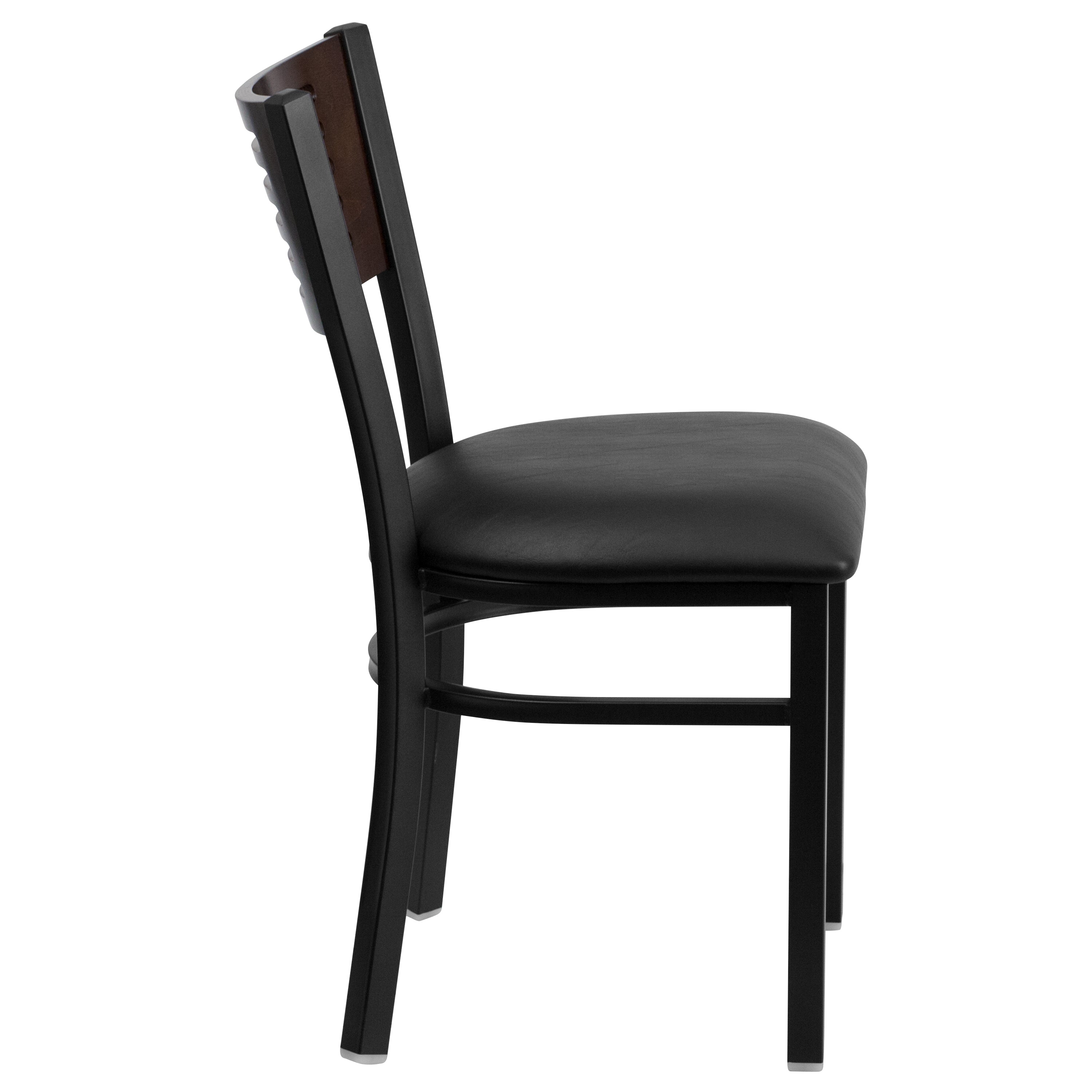 HERCULES Series Black Slat Back Metal Restaurant Chair - Walnut Wood Back, Black Vinyl Seat