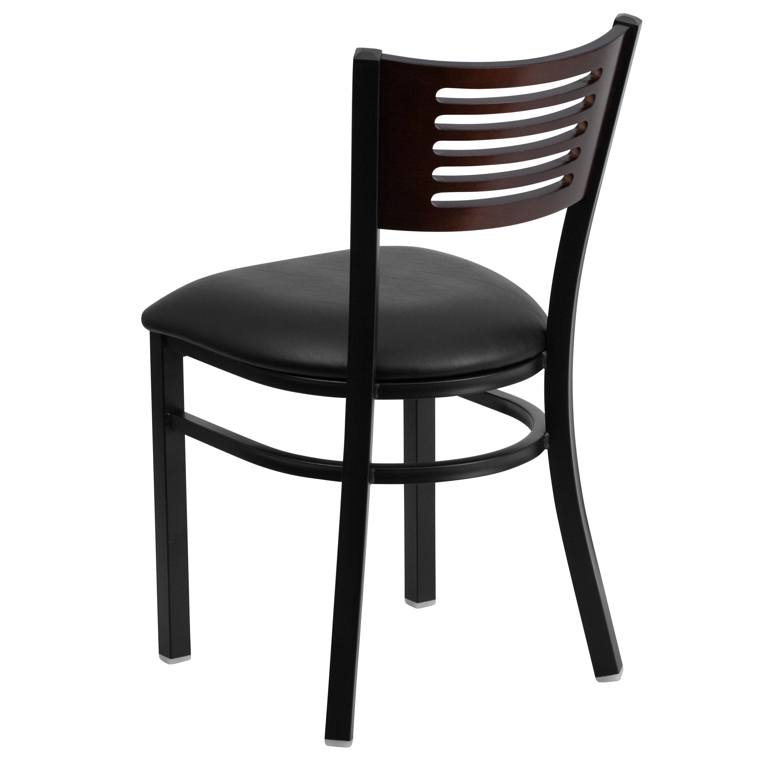 HERCULES Series Black Slat Back Metal Restaurant Chair - Walnut Wood Back, Black Vinyl Seat