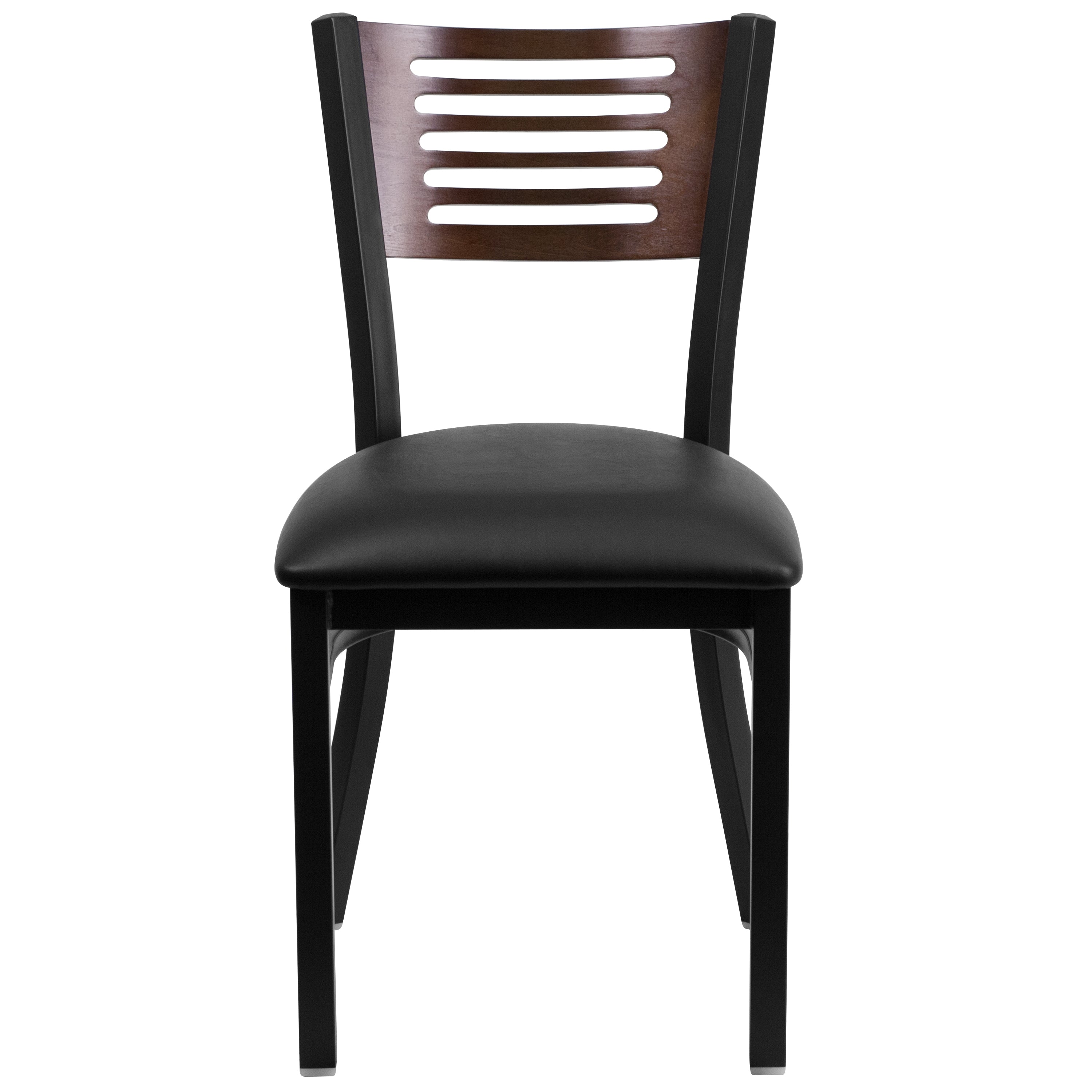 HERCULES Series Black Slat Back Metal Restaurant Chair - Walnut Wood Back, Black Vinyl Seat