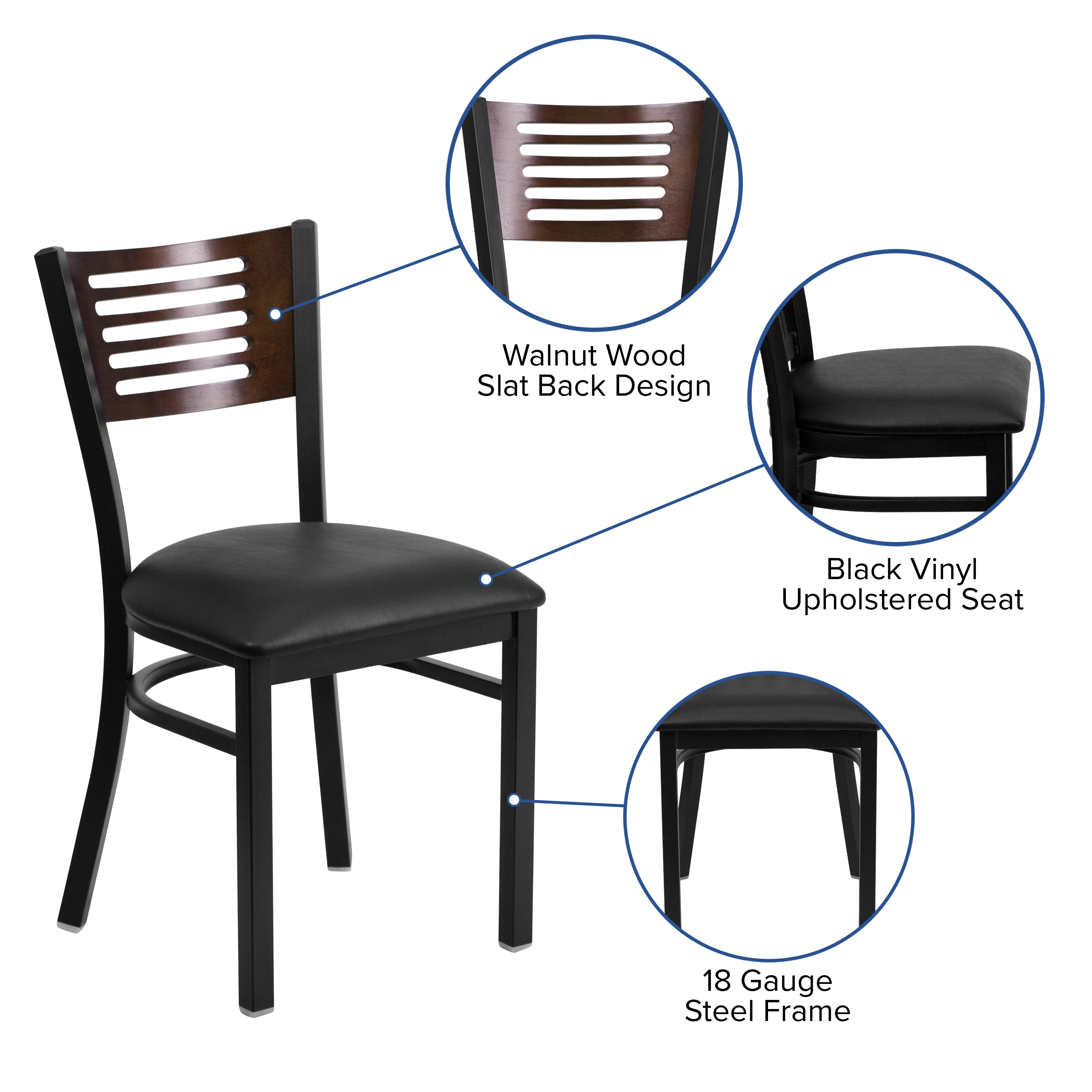 HERCULES Series Black Slat Back Metal Restaurant Chair - Walnut Wood Back, Black Vinyl Seat