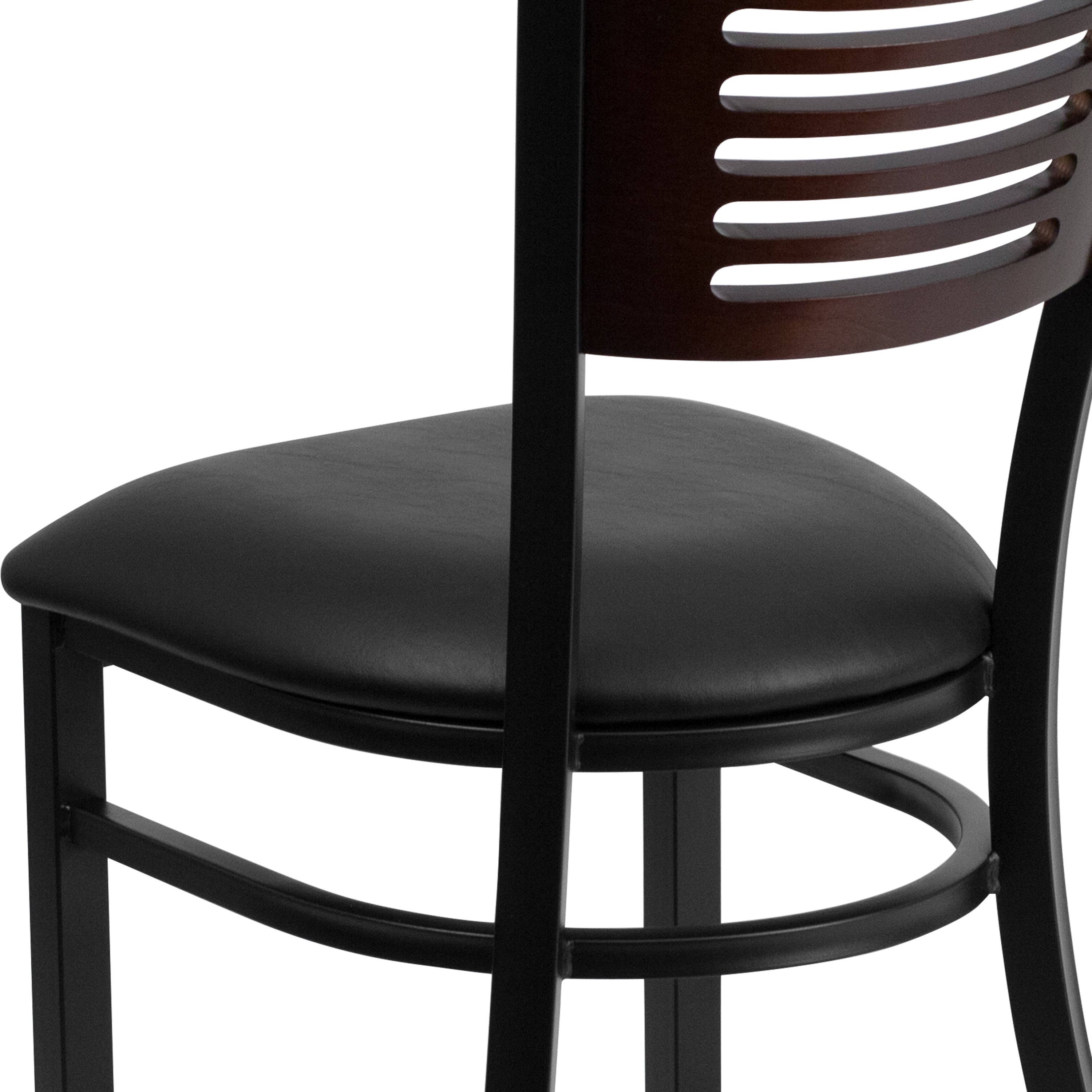 HERCULES Series Black Slat Back Metal Restaurant Chair - Walnut Wood Back, Black Vinyl Seat
