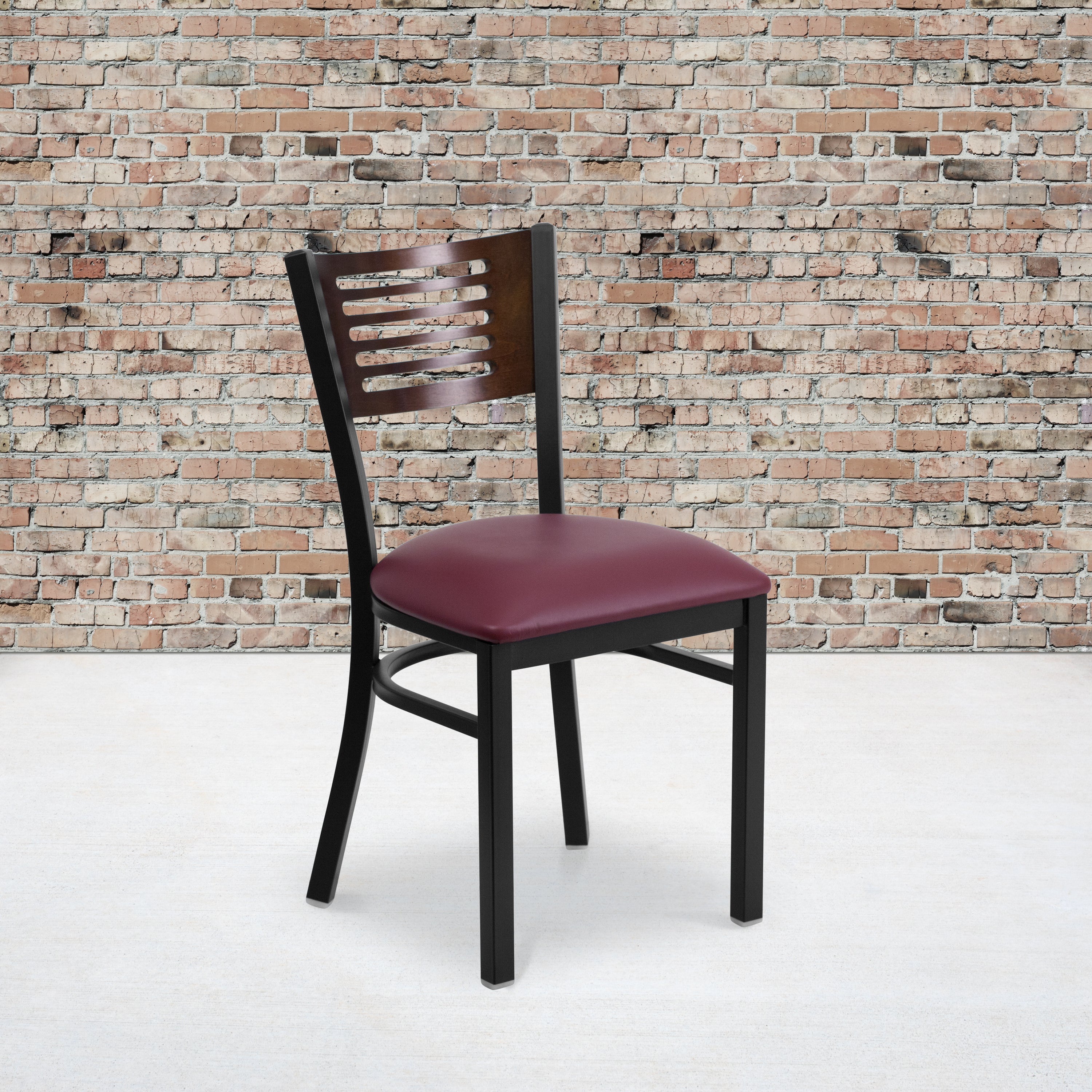 HERCULES Series Black Slat Back Metal Restaurant Chair - Walnut Wood Back, Burgundy Vinyl Seat