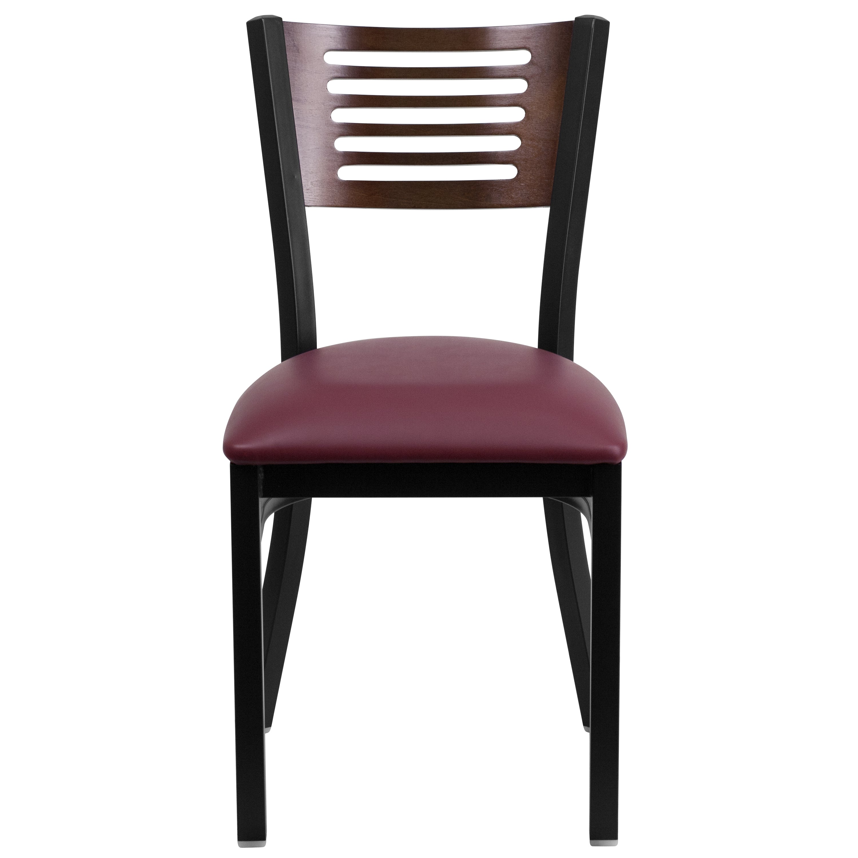 HERCULES Series Black Slat Back Metal Restaurant Chair - Walnut Wood Back, Burgundy Vinyl Seat