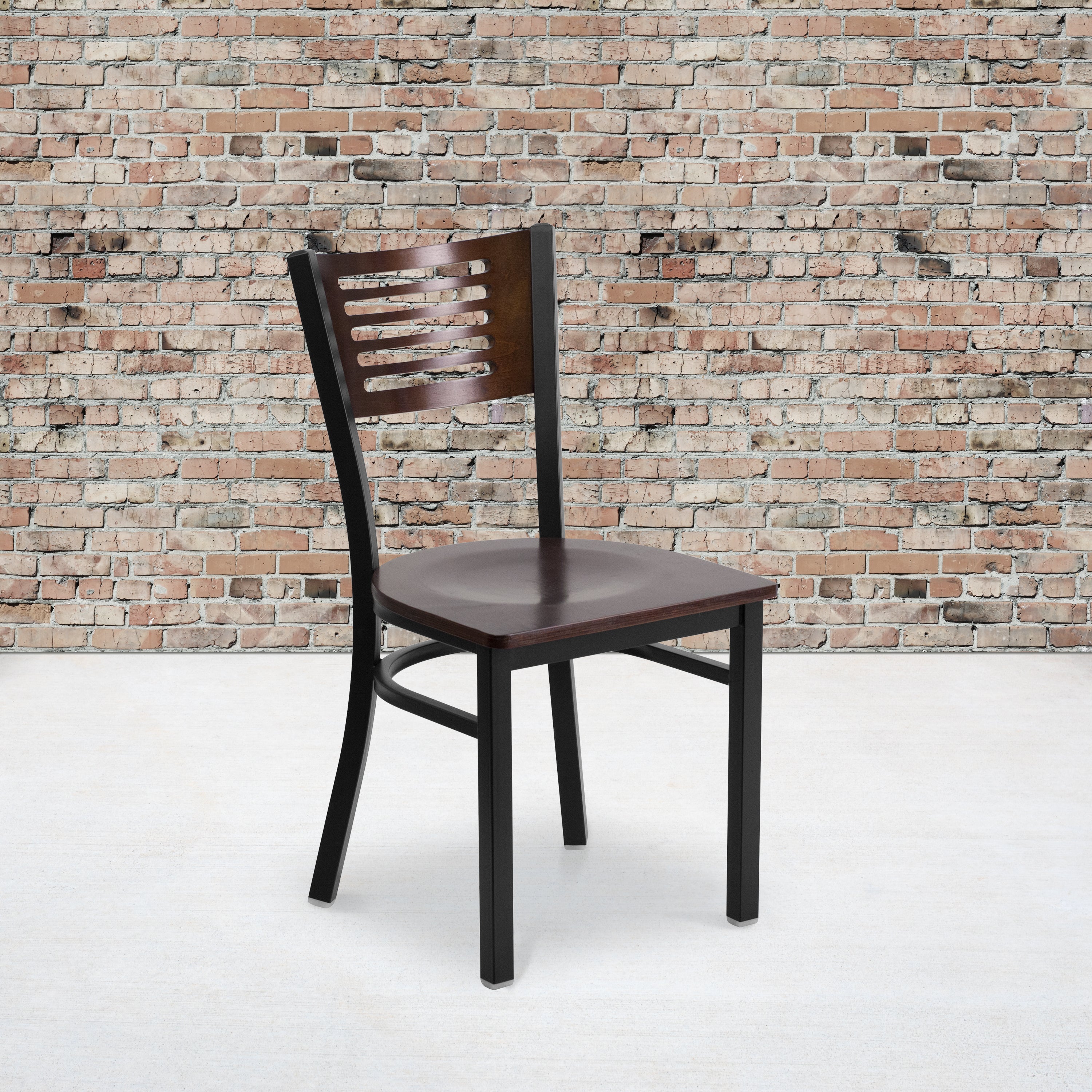 HERCULES Series Black Slat Back Metal Restaurant Chair - Walnut Wood Back & Seat