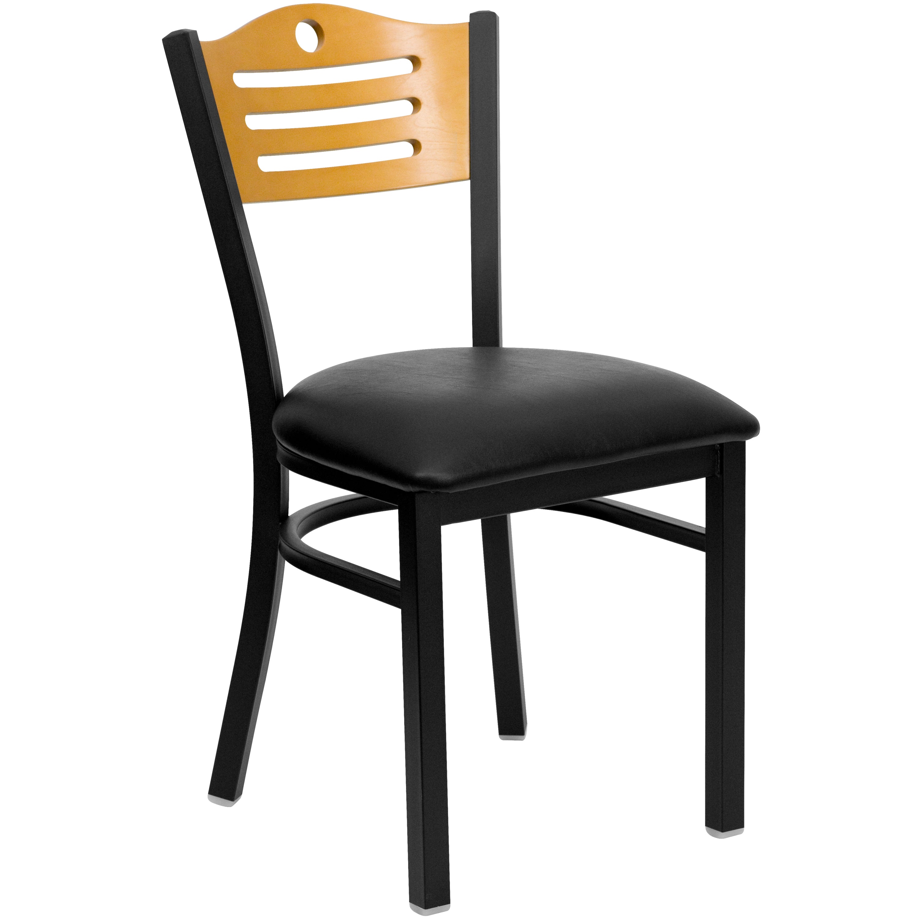 HERCULES Series Black Slat Back Metal Restaurant Chair - Natural Wood Back, Black Vinyl Seat
