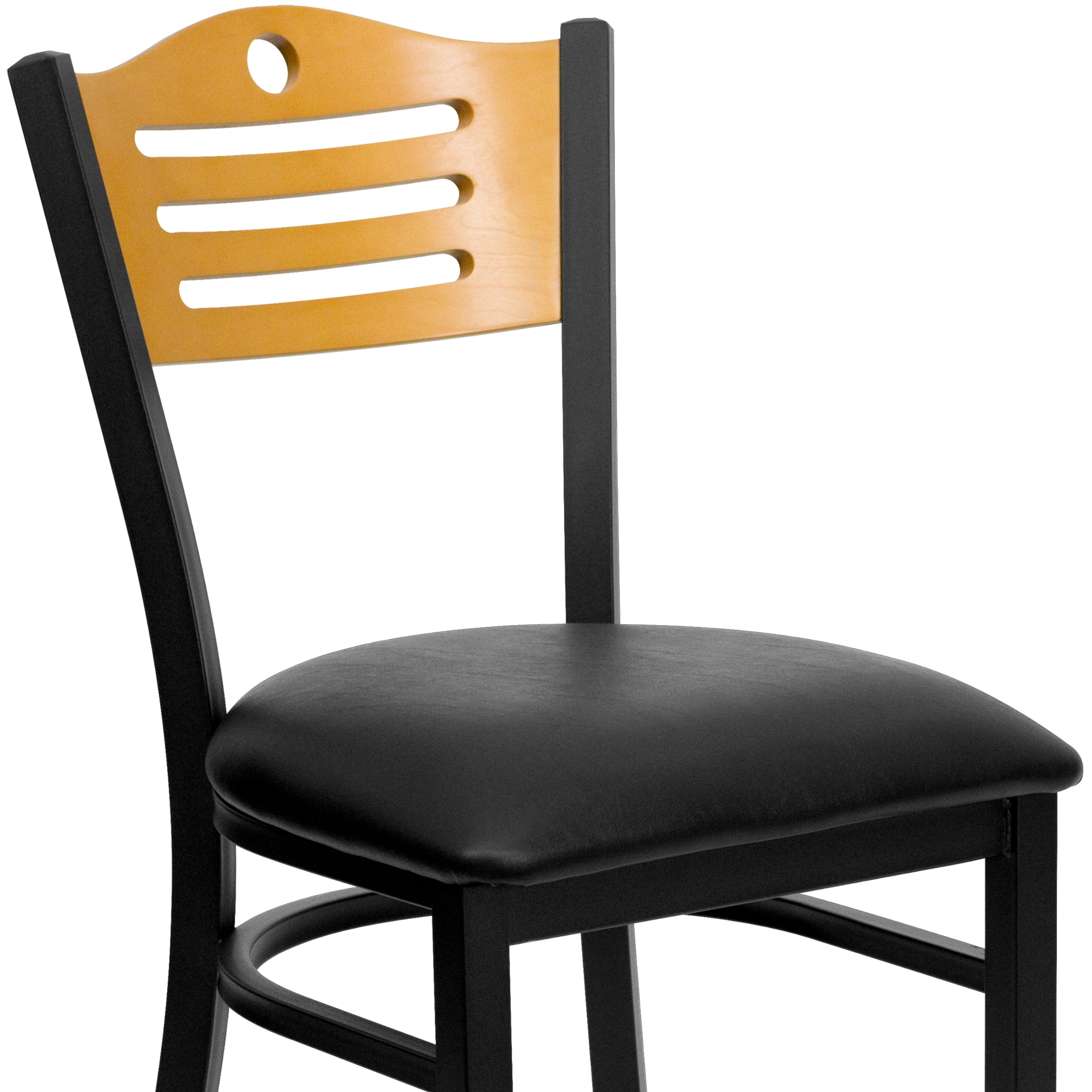 HERCULES Series Black Slat Back Metal Restaurant Chair - Natural Wood Back, Black Vinyl Seat