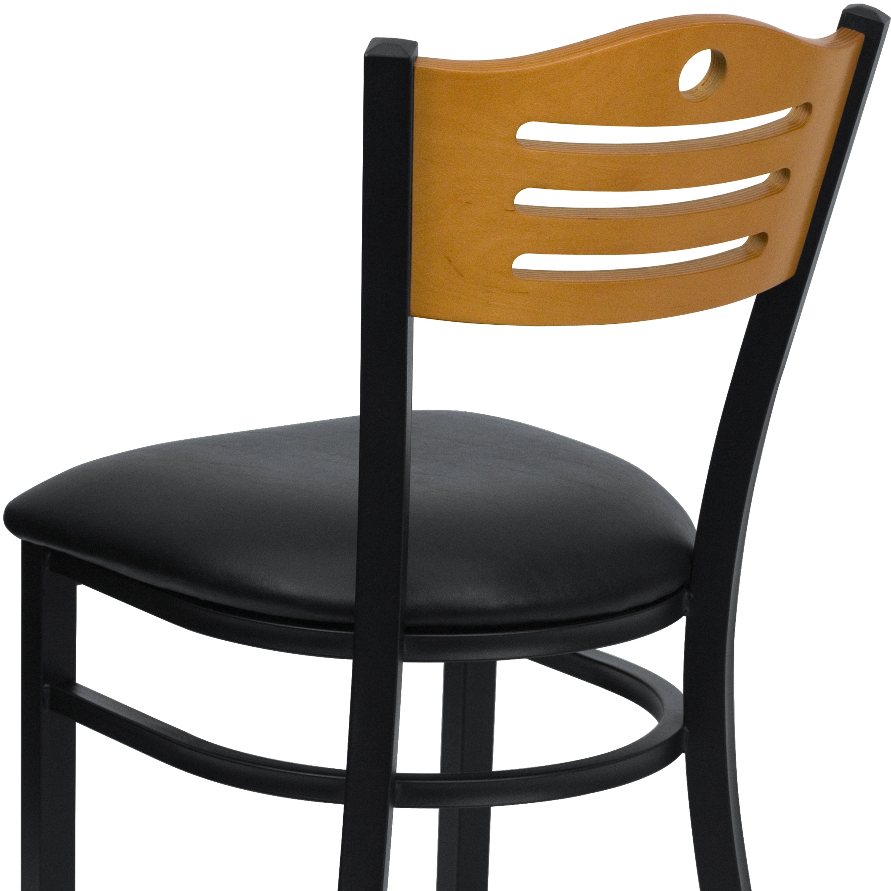 HERCULES Series Black Slat Back Metal Restaurant Chair - Natural Wood Back, Black Vinyl Seat