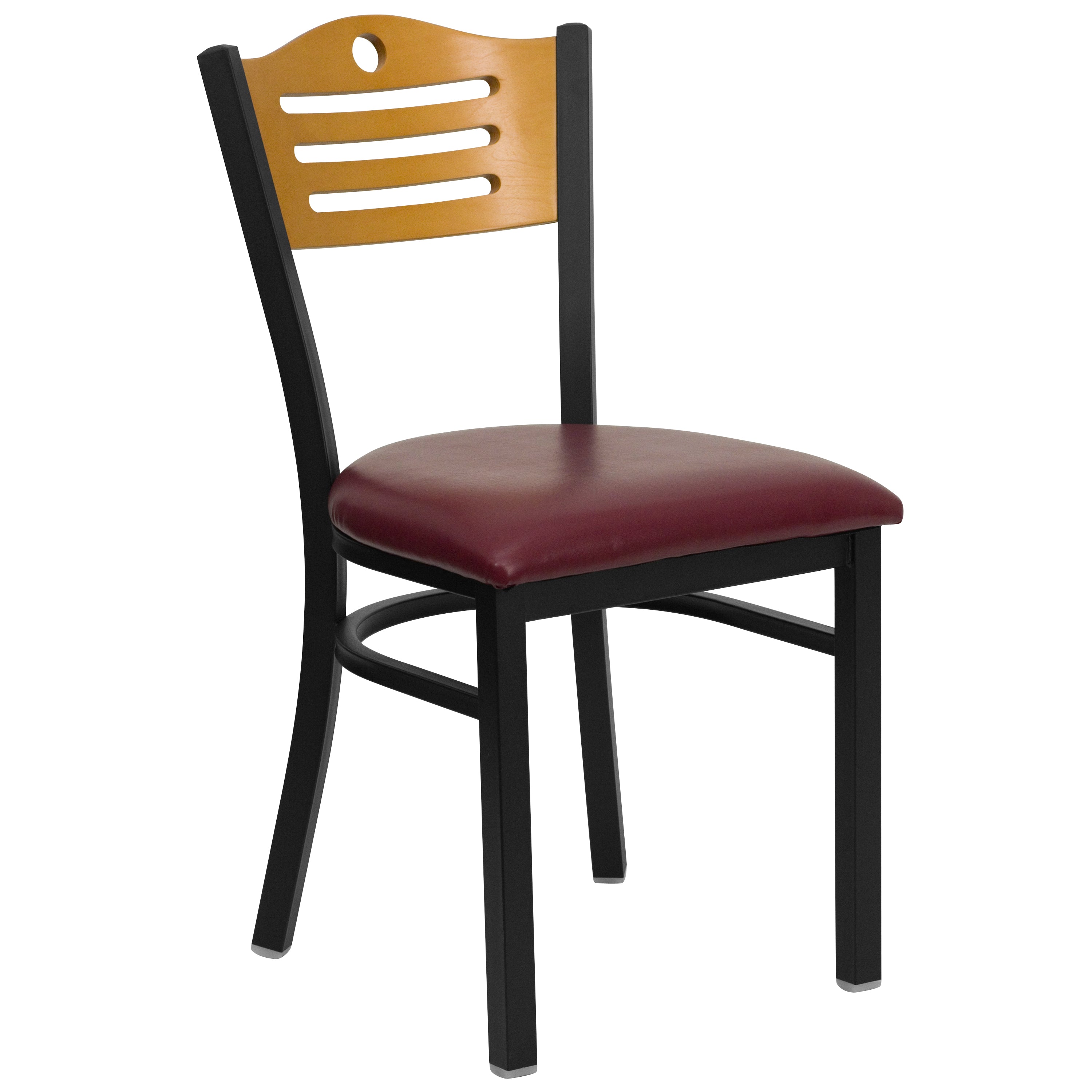 HERCULES Series Black Slat Back Metal Restaurant Chair - Natural Wood Back, Burgundy Vinyl Seat