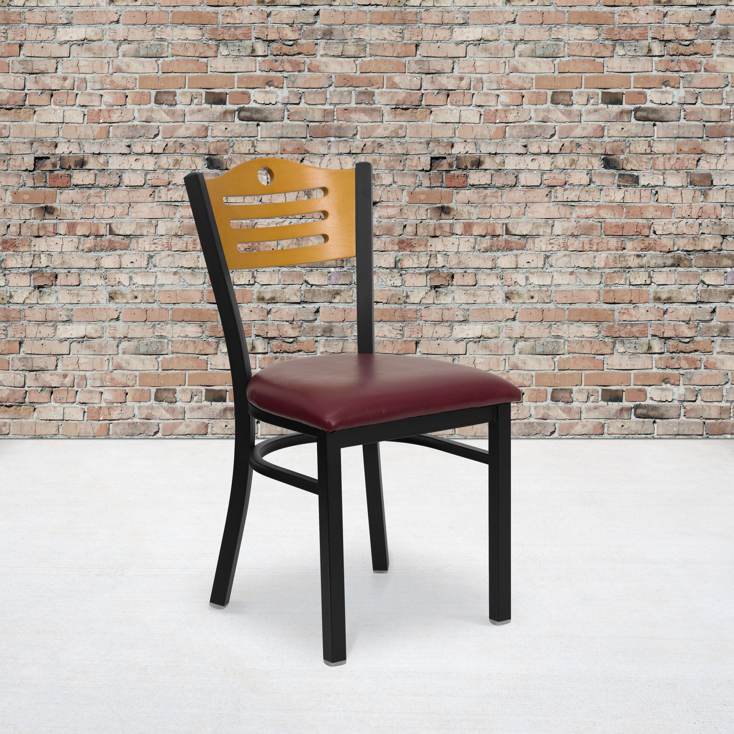 HERCULES Series Black Slat Back Metal Restaurant Chair - Natural Wood Back, Burgundy Vinyl Seat