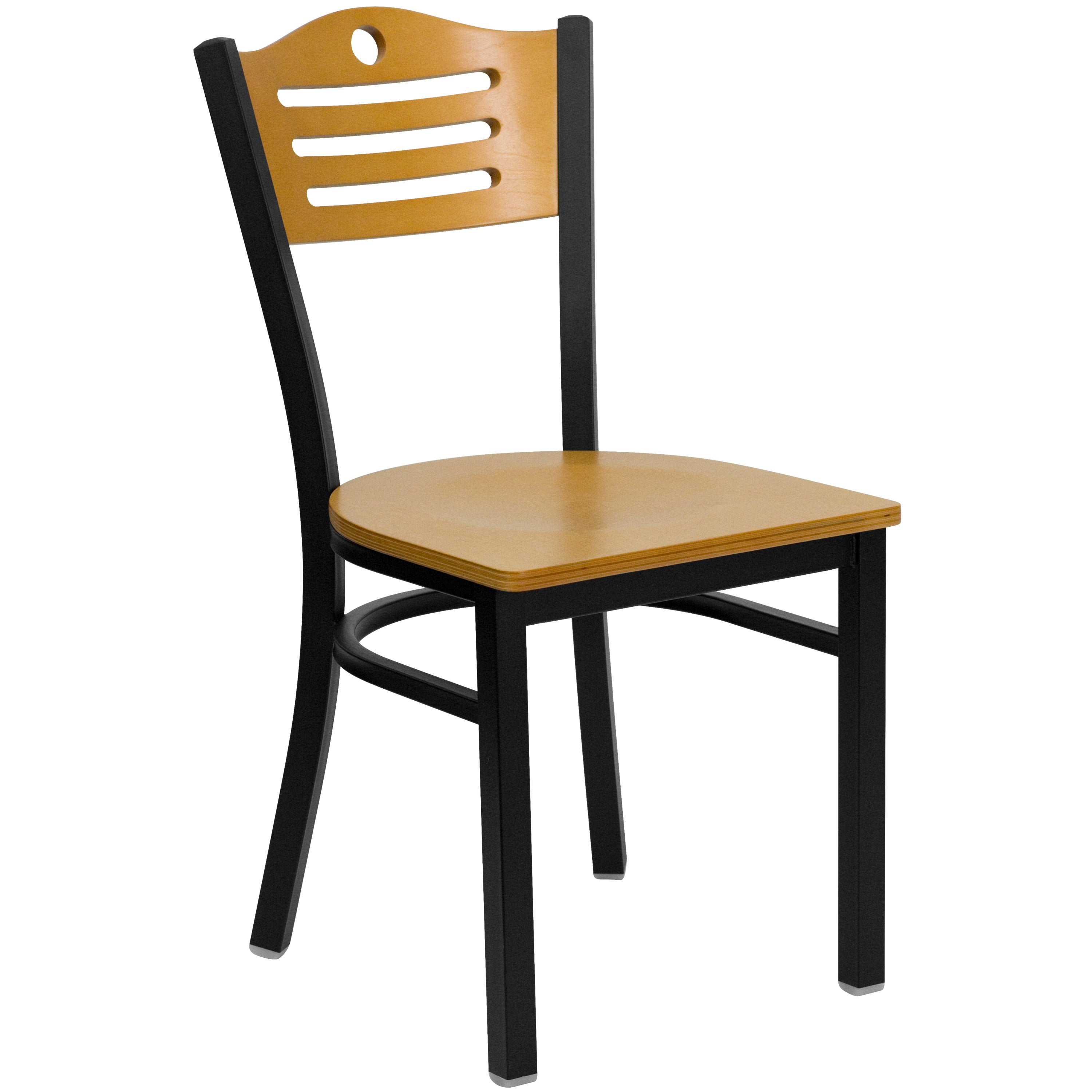 HERCULES Series Black Slat Back Metal Restaurant Chair - Natural Wood Back & Seat