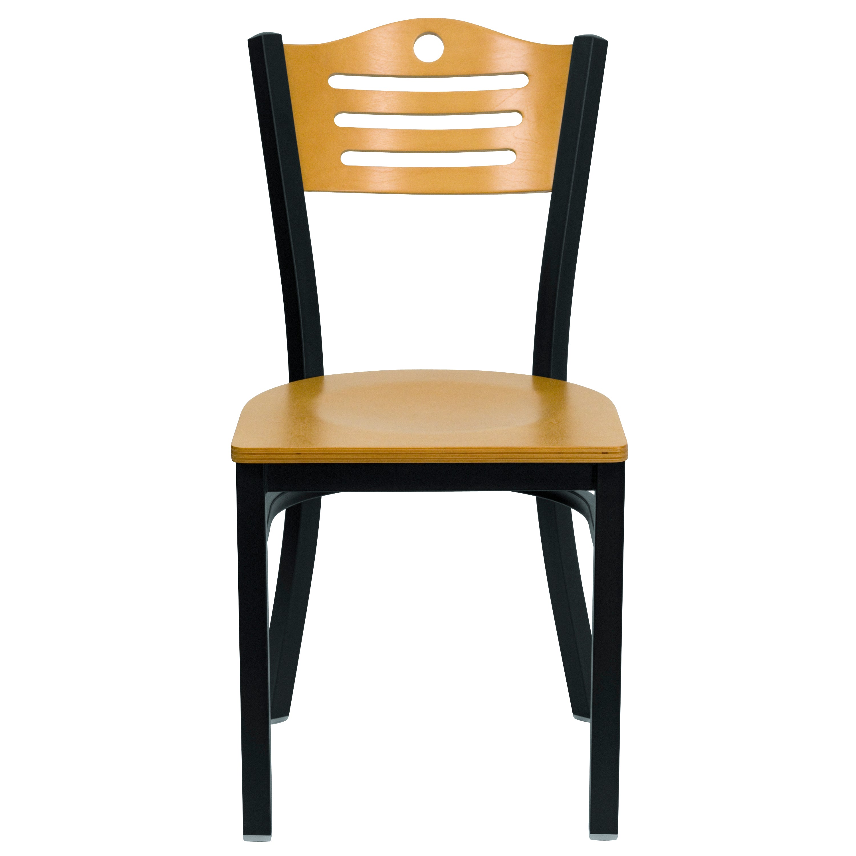 HERCULES Series Black Slat Back Metal Restaurant Chair - Natural Wood Back & Seat