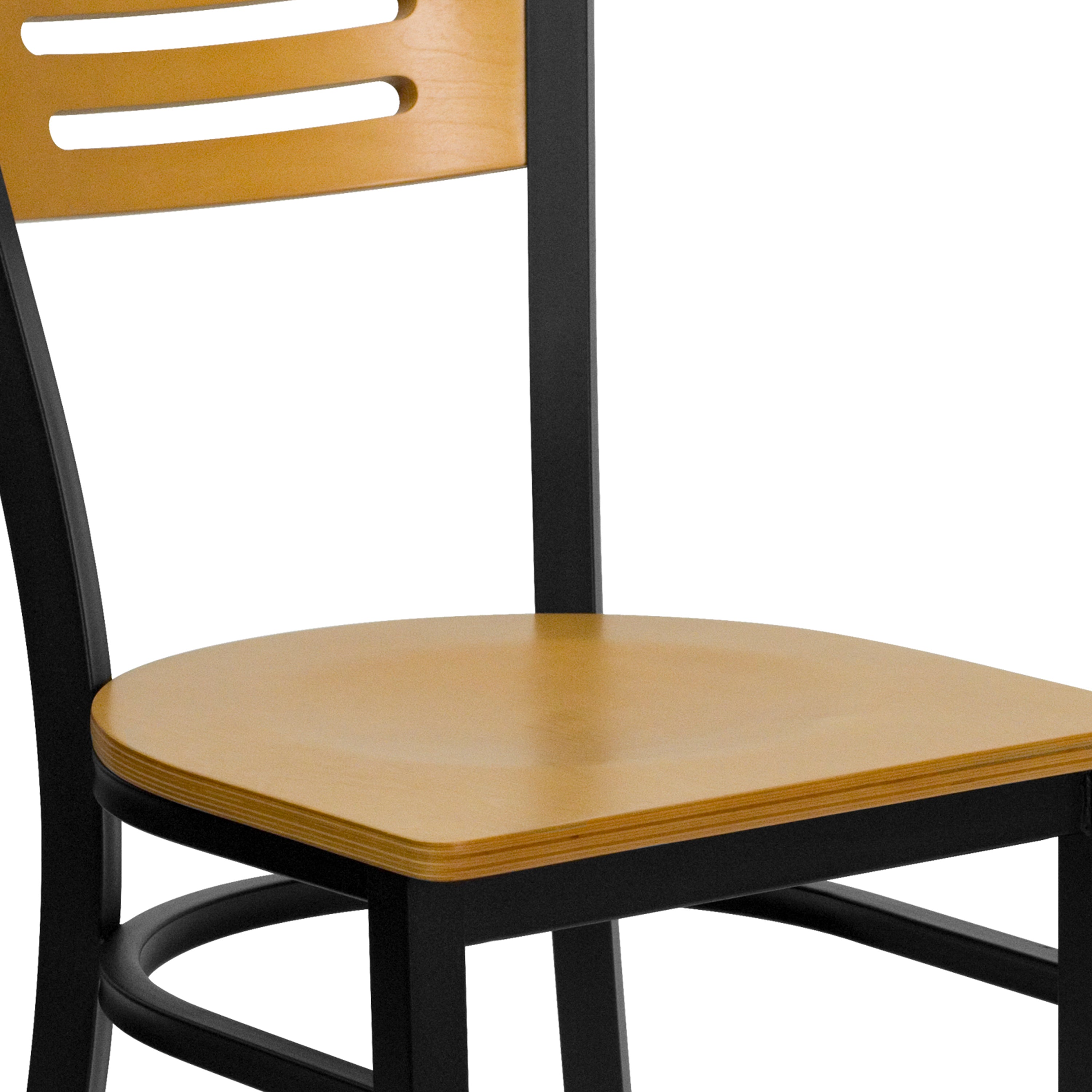 HERCULES Series Black Slat Back Metal Restaurant Chair - Natural Wood Back & Seat
