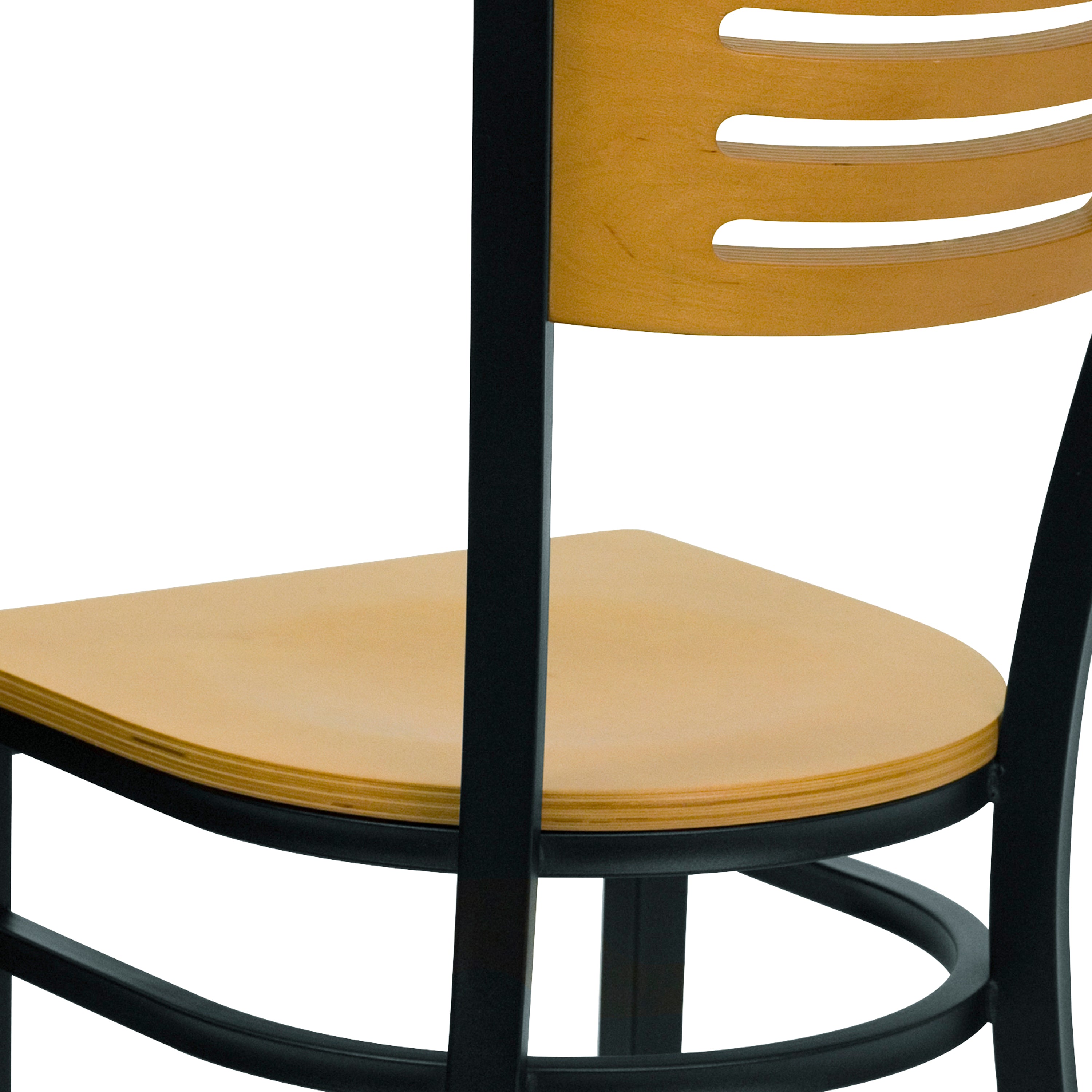 HERCULES Series Black Slat Back Metal Restaurant Chair - Natural Wood Back & Seat