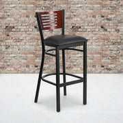 HERCULES Series Black Slat Back Metal Restaurant Barstool - Mahogany Wood Back, Black Vinyl Seat