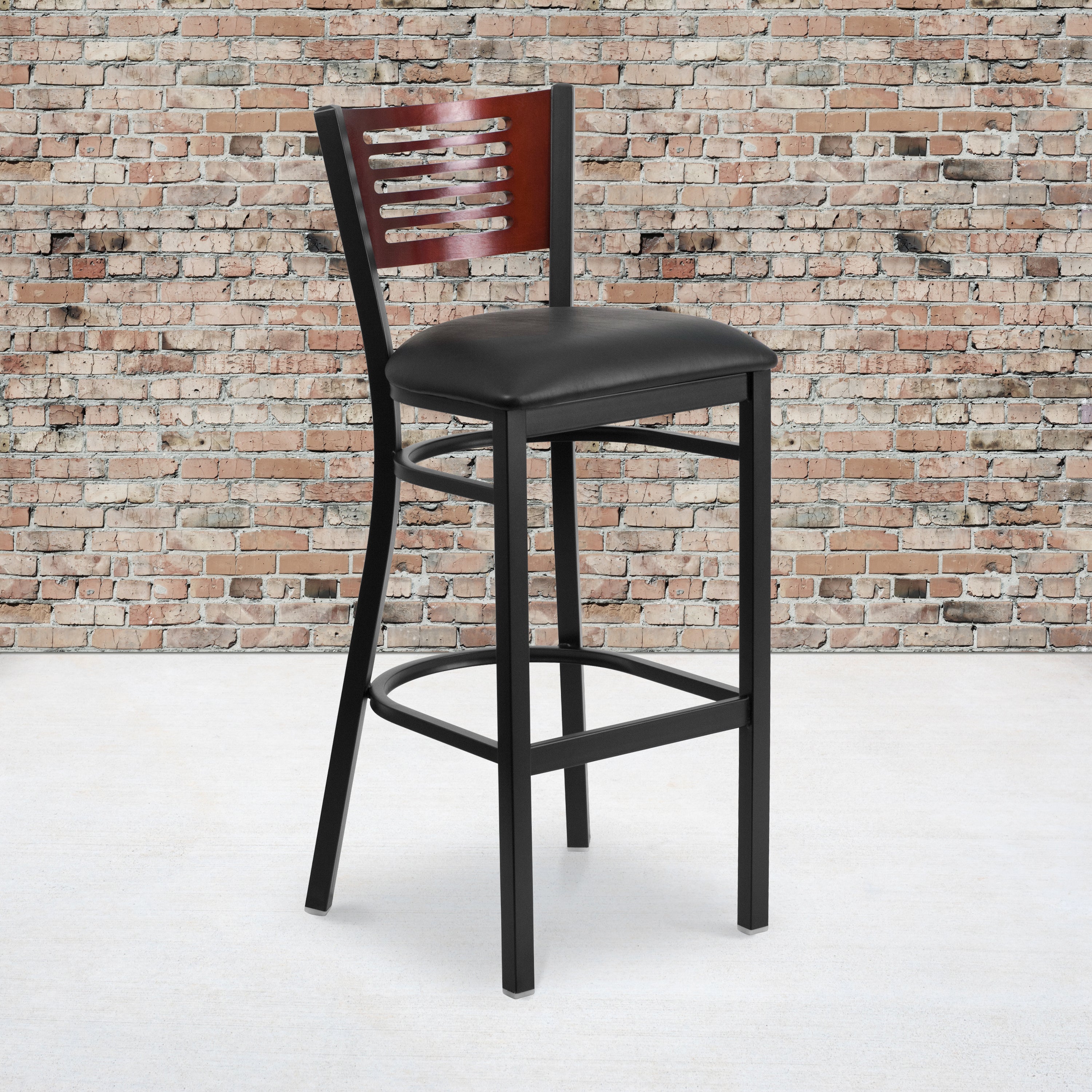 HERCULES Series Black Slat Back Metal Restaurant Barstool - Mahogany Wood Back, Black Vinyl Seat