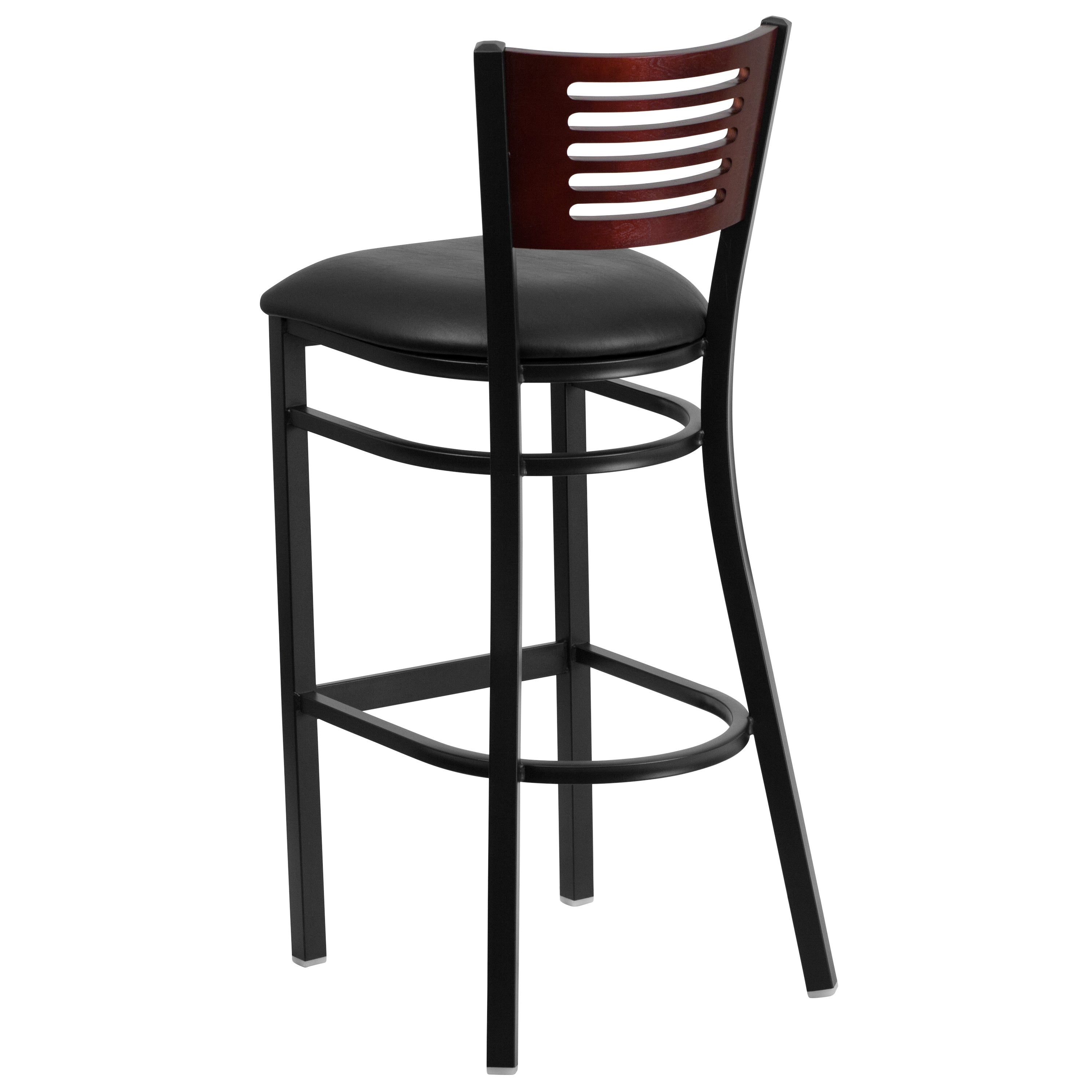 HERCULES Series Black Slat Back Metal Restaurant Barstool - Mahogany Wood Back, Black Vinyl Seat