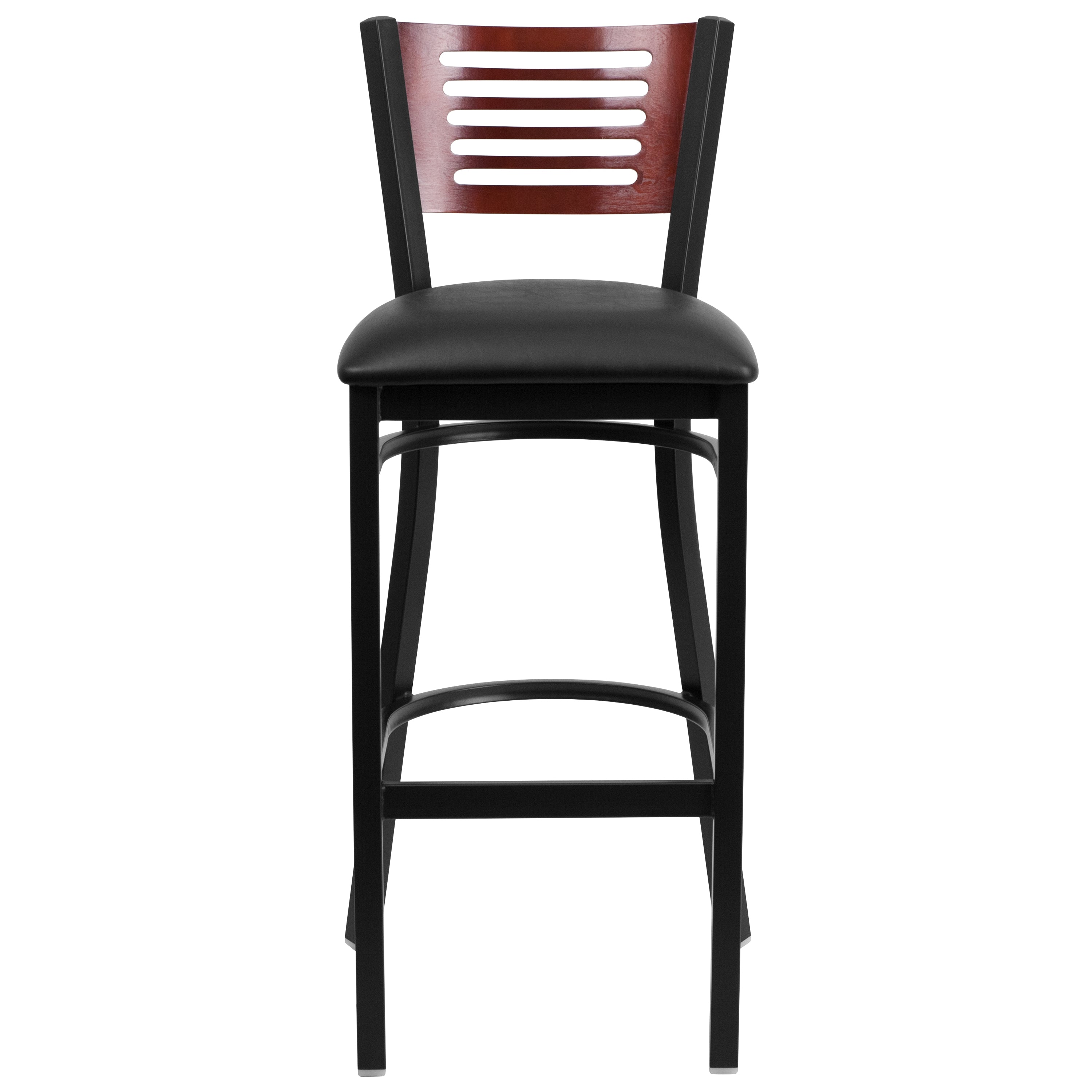 HERCULES Series Black Slat Back Metal Restaurant Barstool - Mahogany Wood Back, Black Vinyl Seat