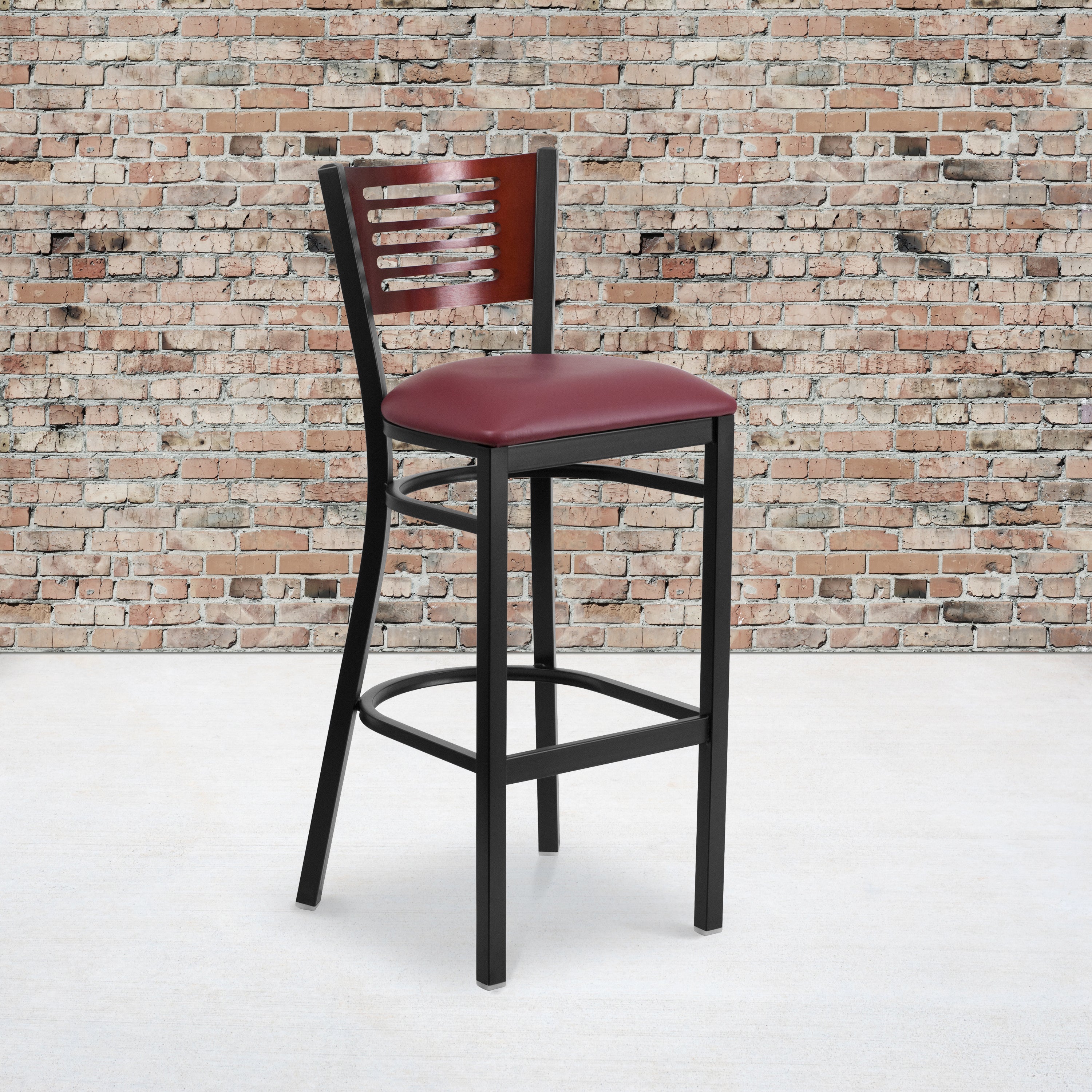 HERCULES Series Black Slat Back Metal Restaurant Barstool - Mahogany Wood Back, Burgundy Vinyl Seat