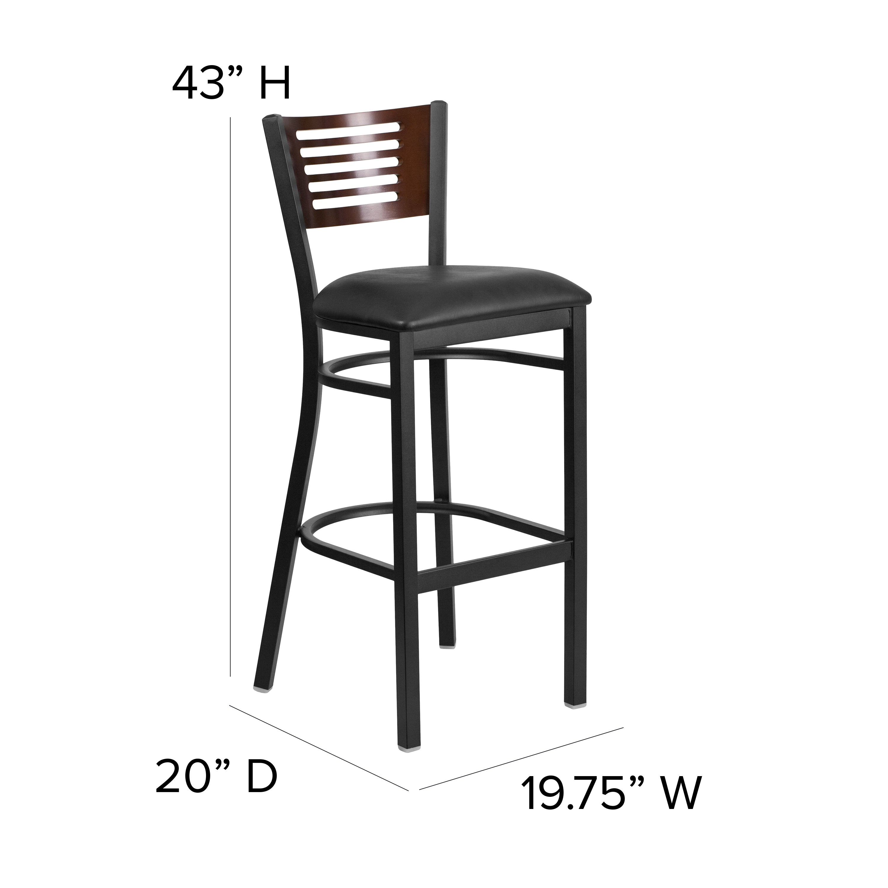 HERCULES Series Black Slat Back Metal Restaurant Barstool - Walnut Wood Back, Black Vinyl Seat