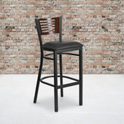 HERCULES Series Black Slat Back Metal Restaurant Barstool - Walnut Wood Back, Black Vinyl Seat