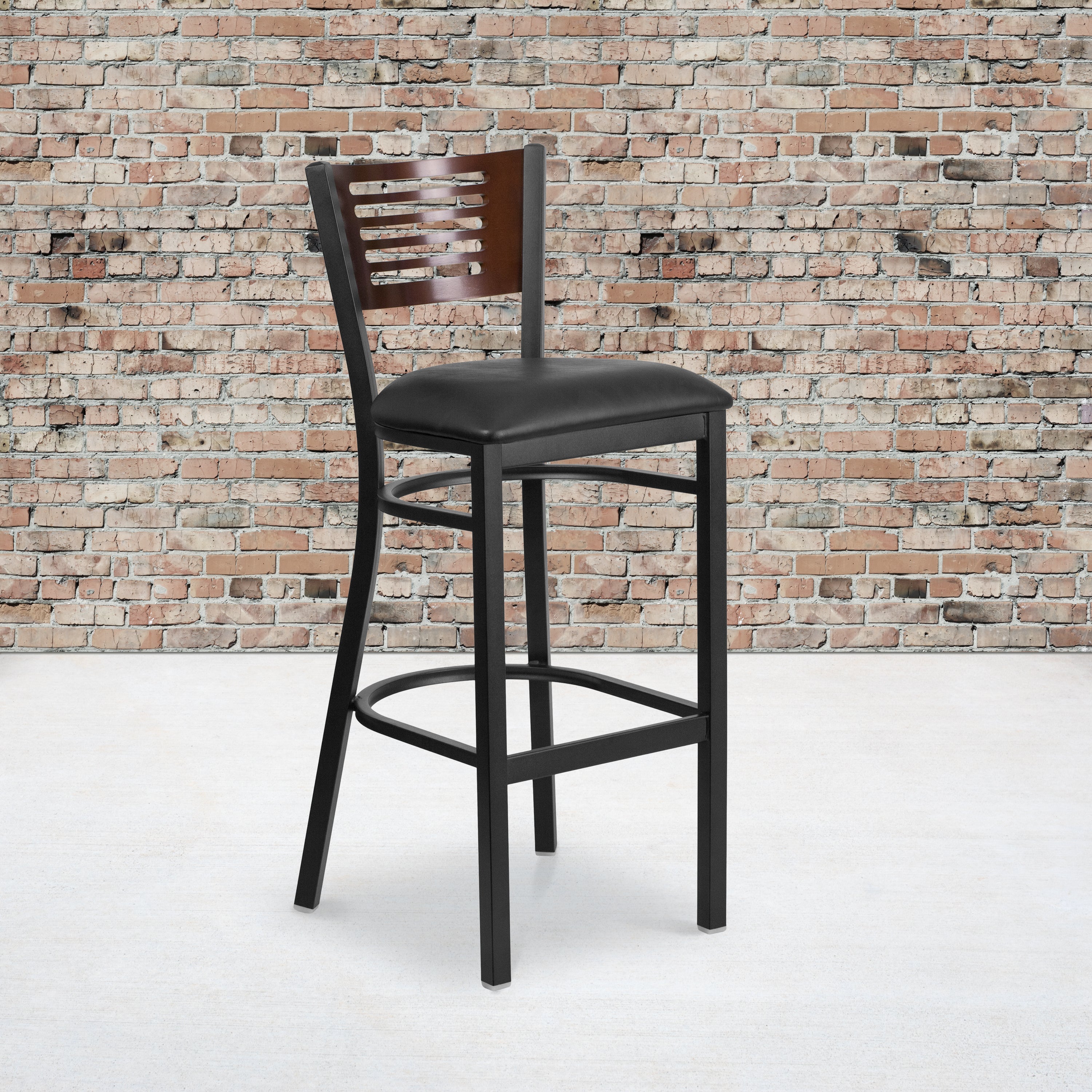 HERCULES Series Black Slat Back Metal Restaurant Barstool - Walnut Wood Back, Black Vinyl Seat
