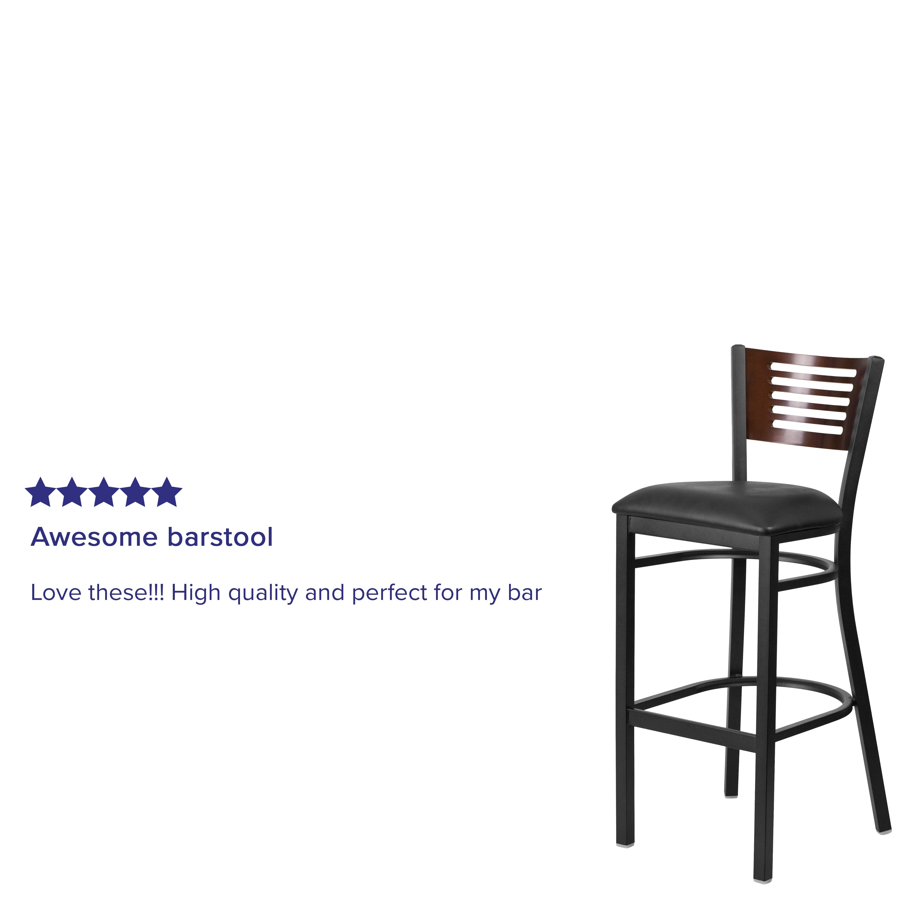 HERCULES Series Black Slat Back Metal Restaurant Barstool - Walnut Wood Back, Black Vinyl Seat