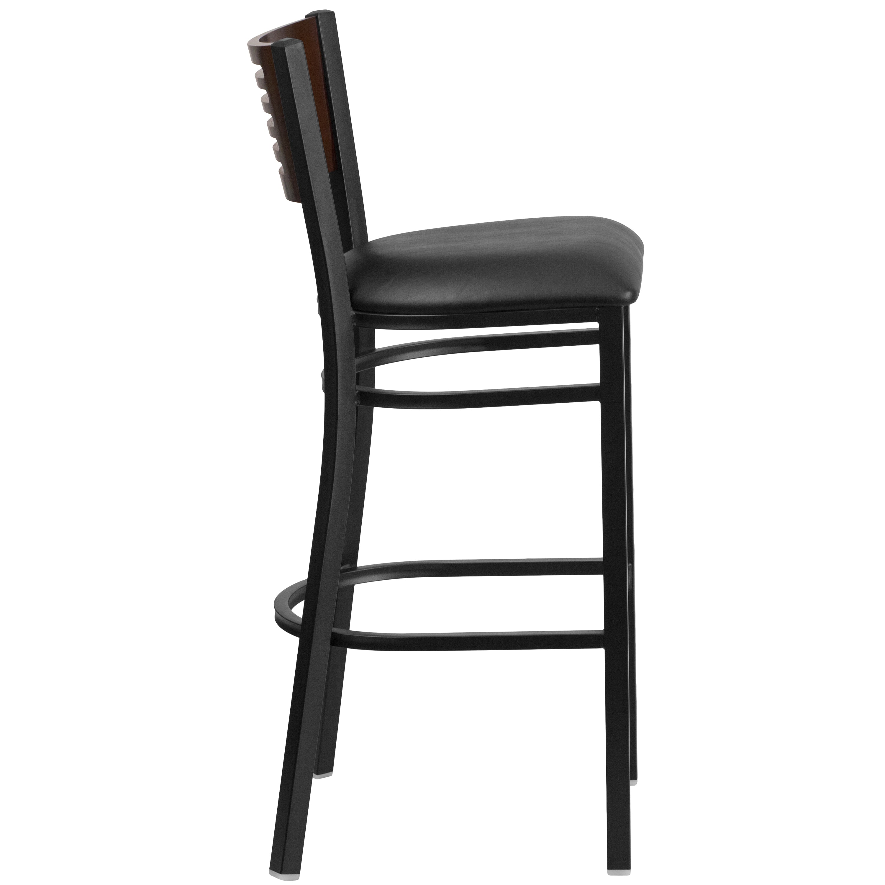 HERCULES Series Black Slat Back Metal Restaurant Barstool - Walnut Wood Back, Black Vinyl Seat