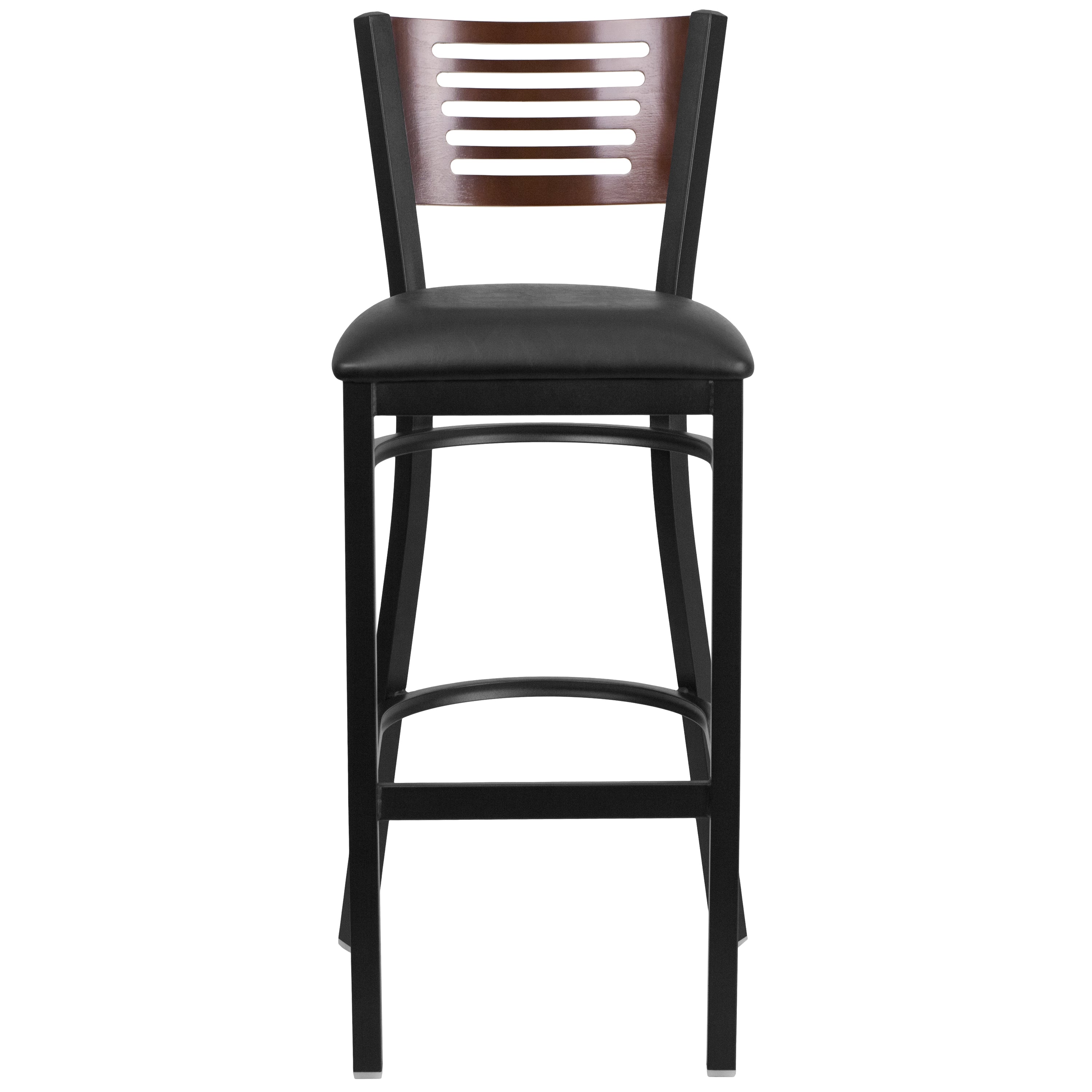 HERCULES Series Black Slat Back Metal Restaurant Barstool - Walnut Wood Back, Black Vinyl Seat
