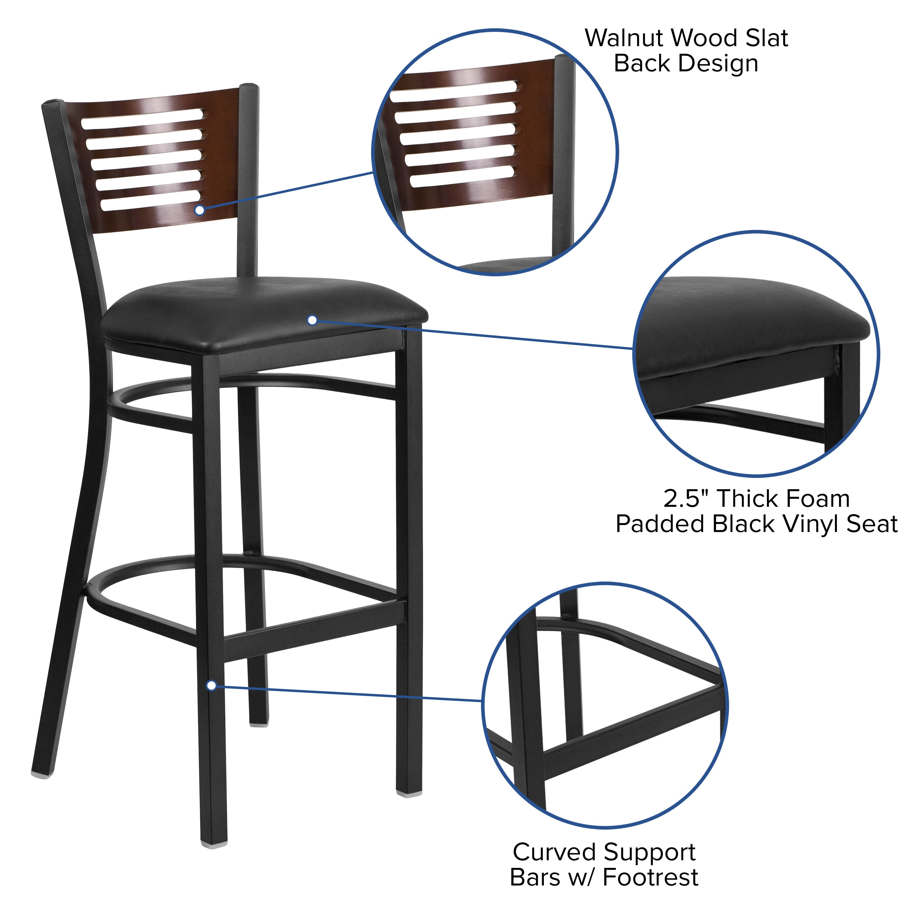 HERCULES Series Black Slat Back Metal Restaurant Barstool - Walnut Wood Back, Black Vinyl Seat